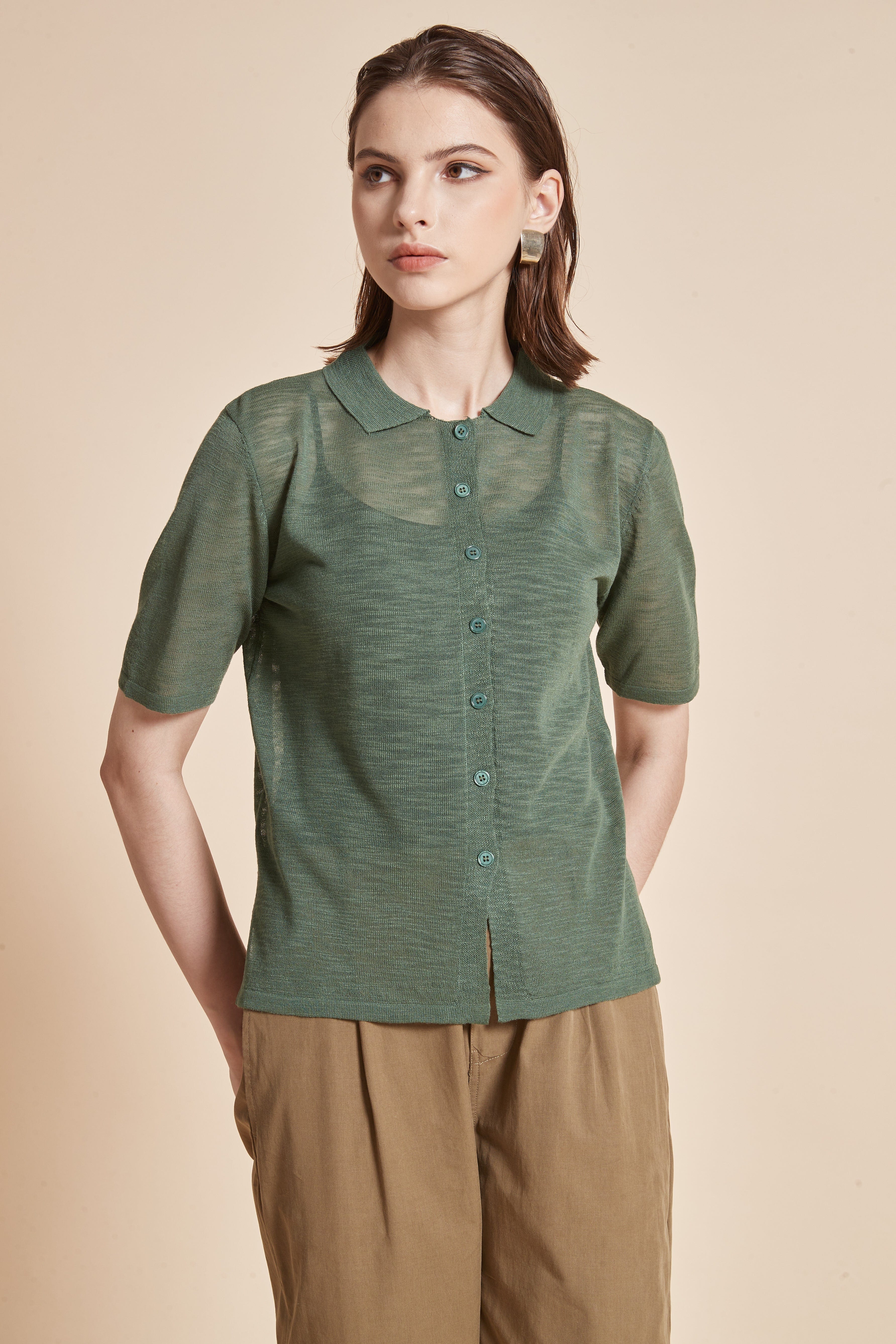 Plain Half-Sleeve Blouse with Front Buttons and Collar