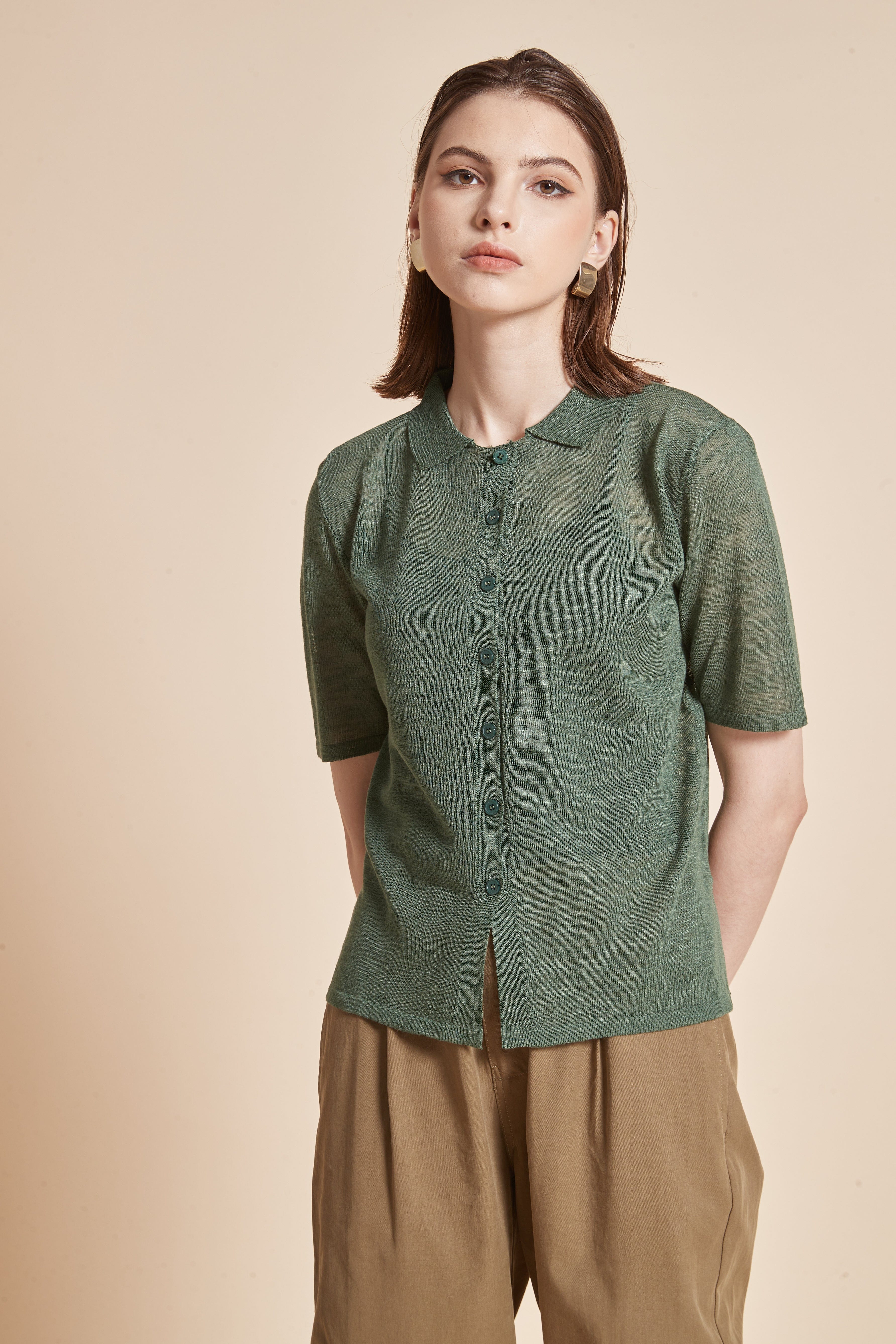 Plain Half-Sleeve Blouse with Front Buttons and Collar