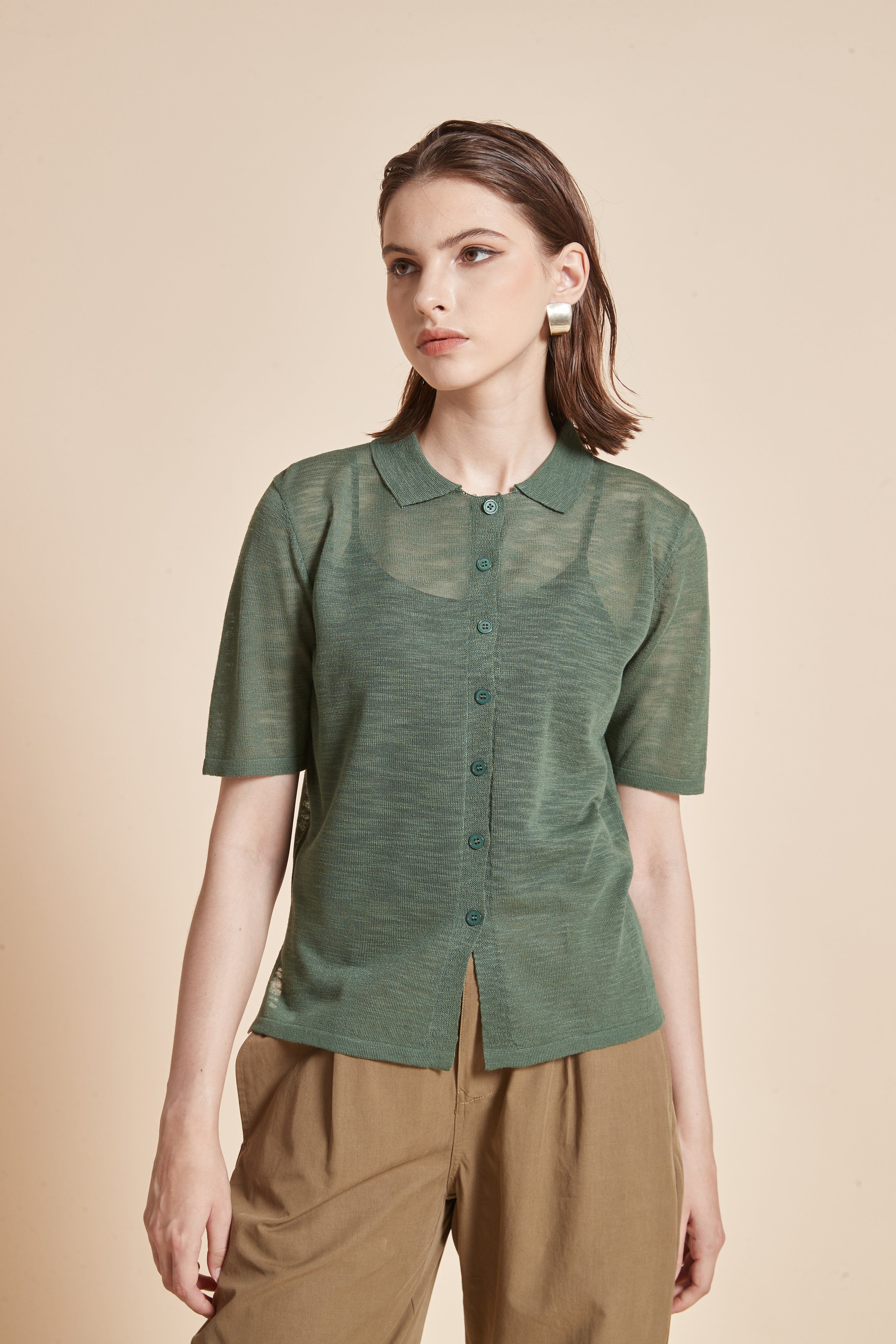 Plain Half-Sleeve Blouse with Front Buttons and Collar