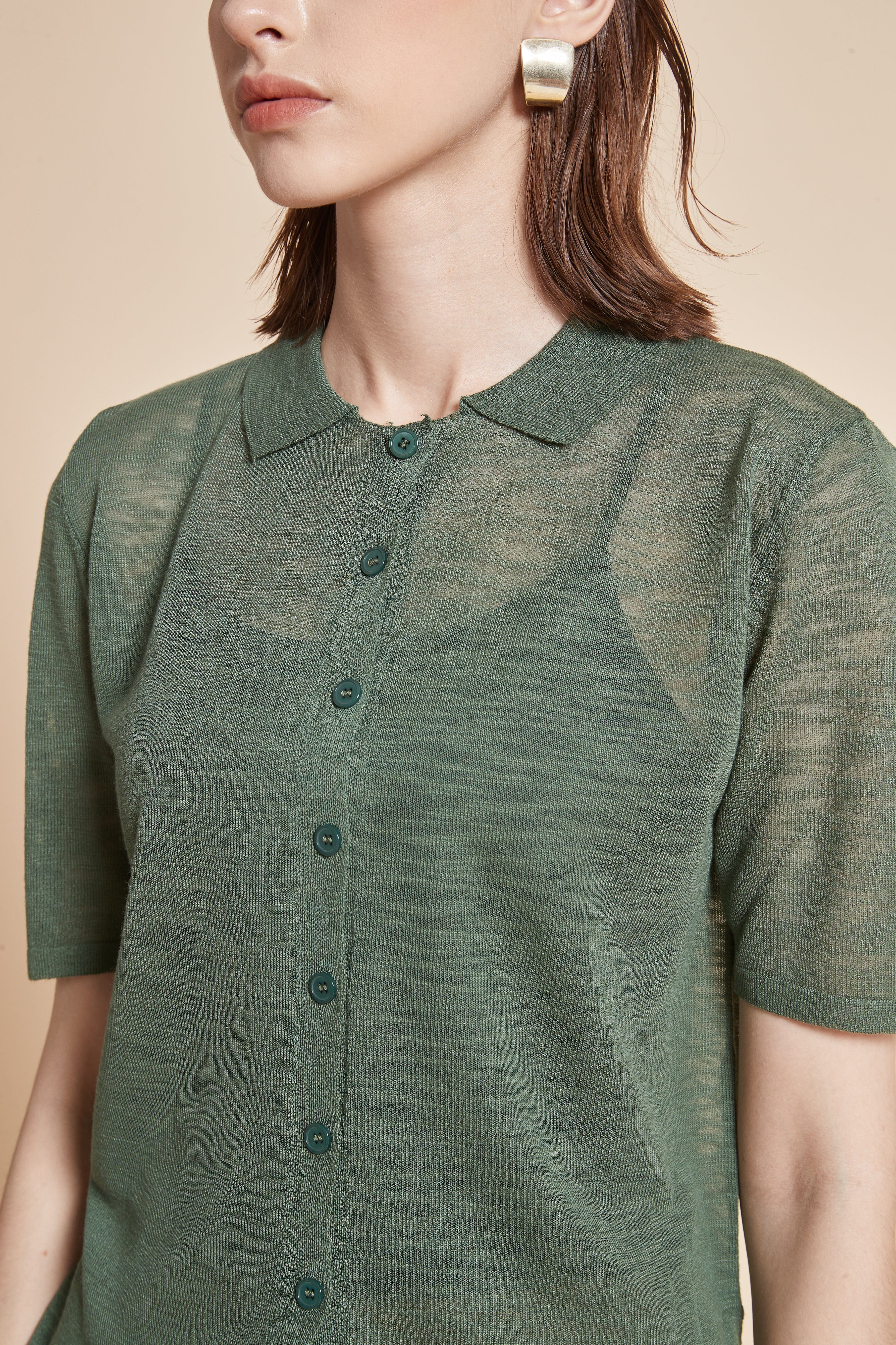 Plain Half-Sleeve Blouse with Front Buttons and Collar