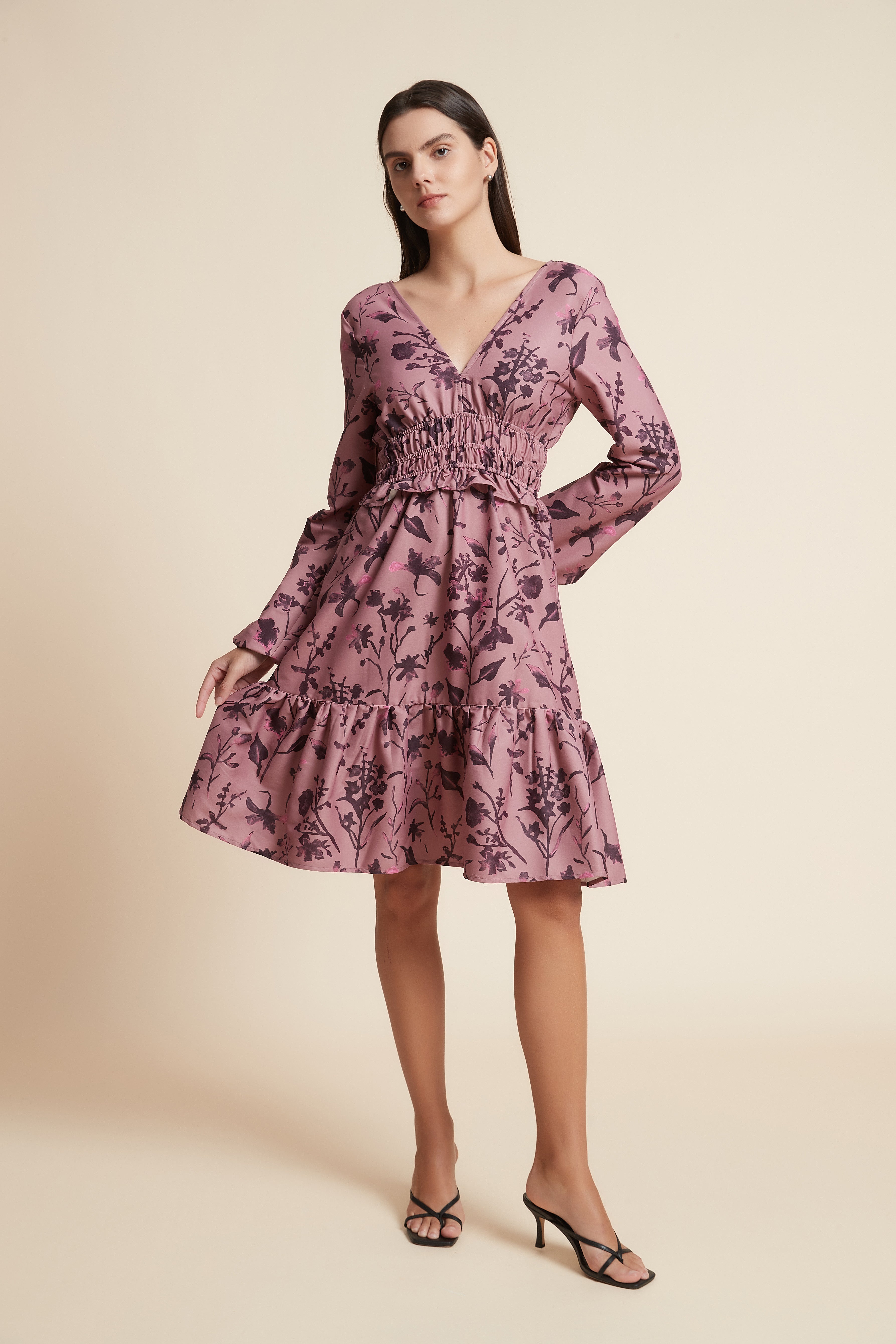 Short Ruffled Dress with Long Sleeves and V-Neck