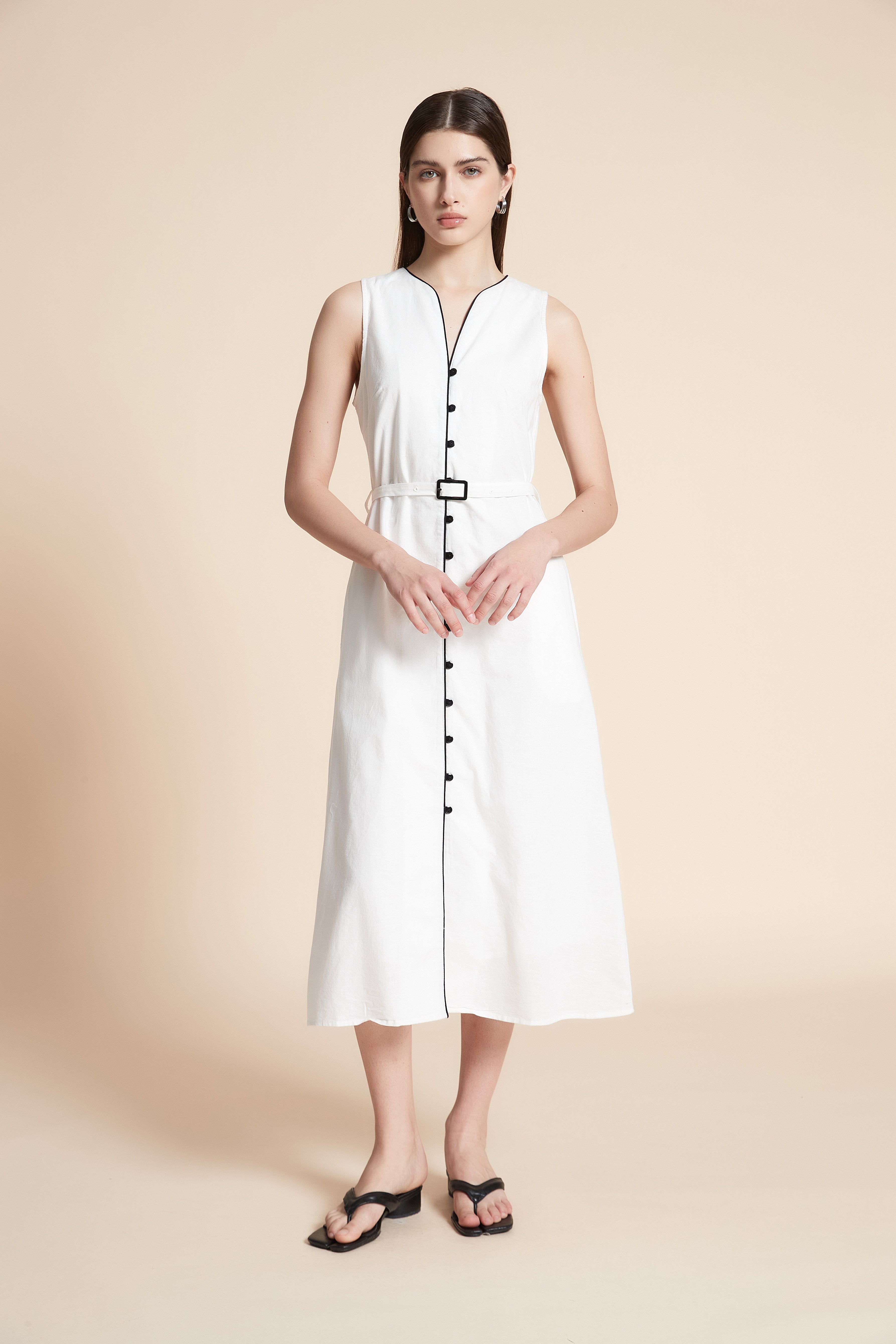 Solid Midi Sleeveless Dress with Belt