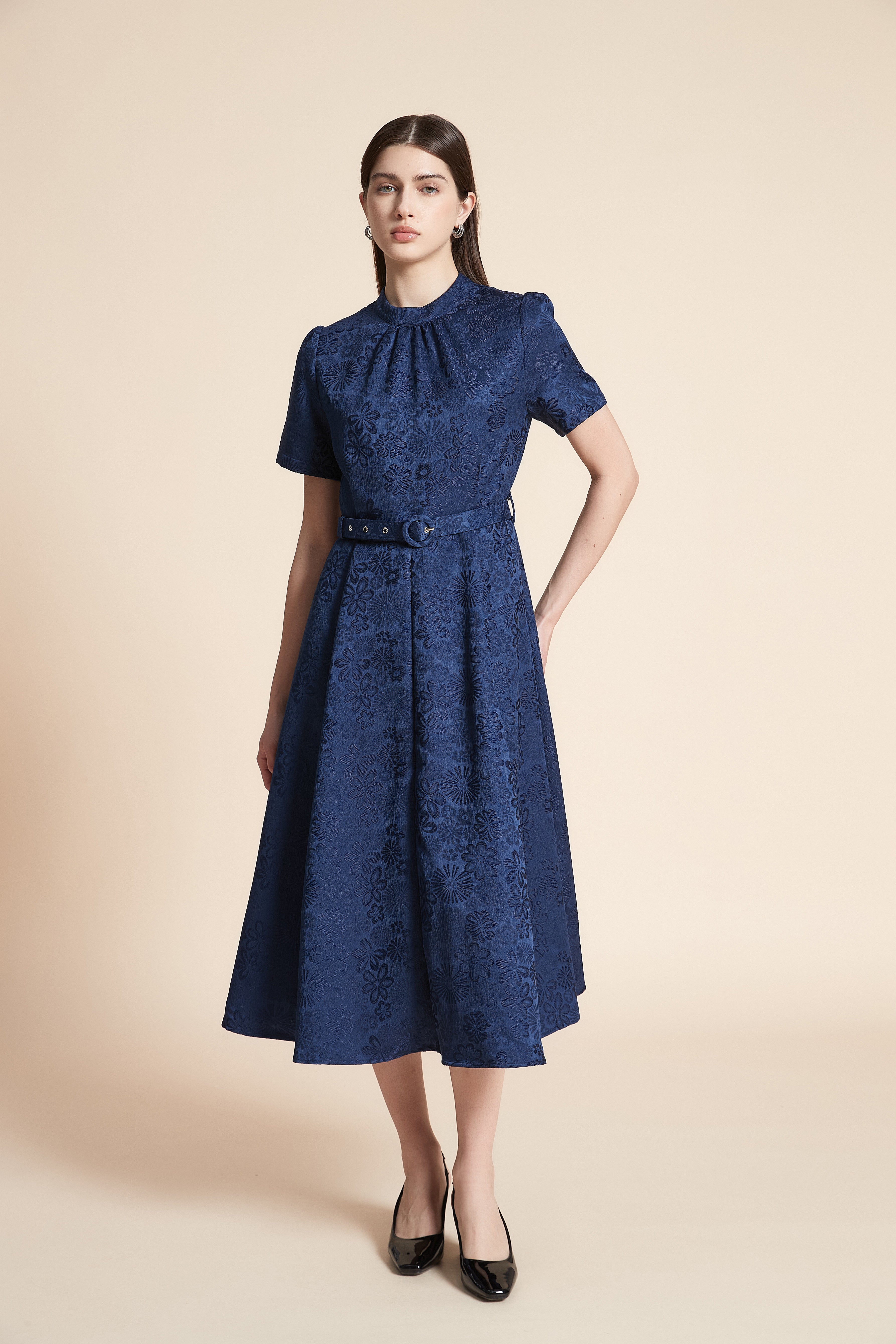 Short Sleeve Printed Midi Dress with Belt