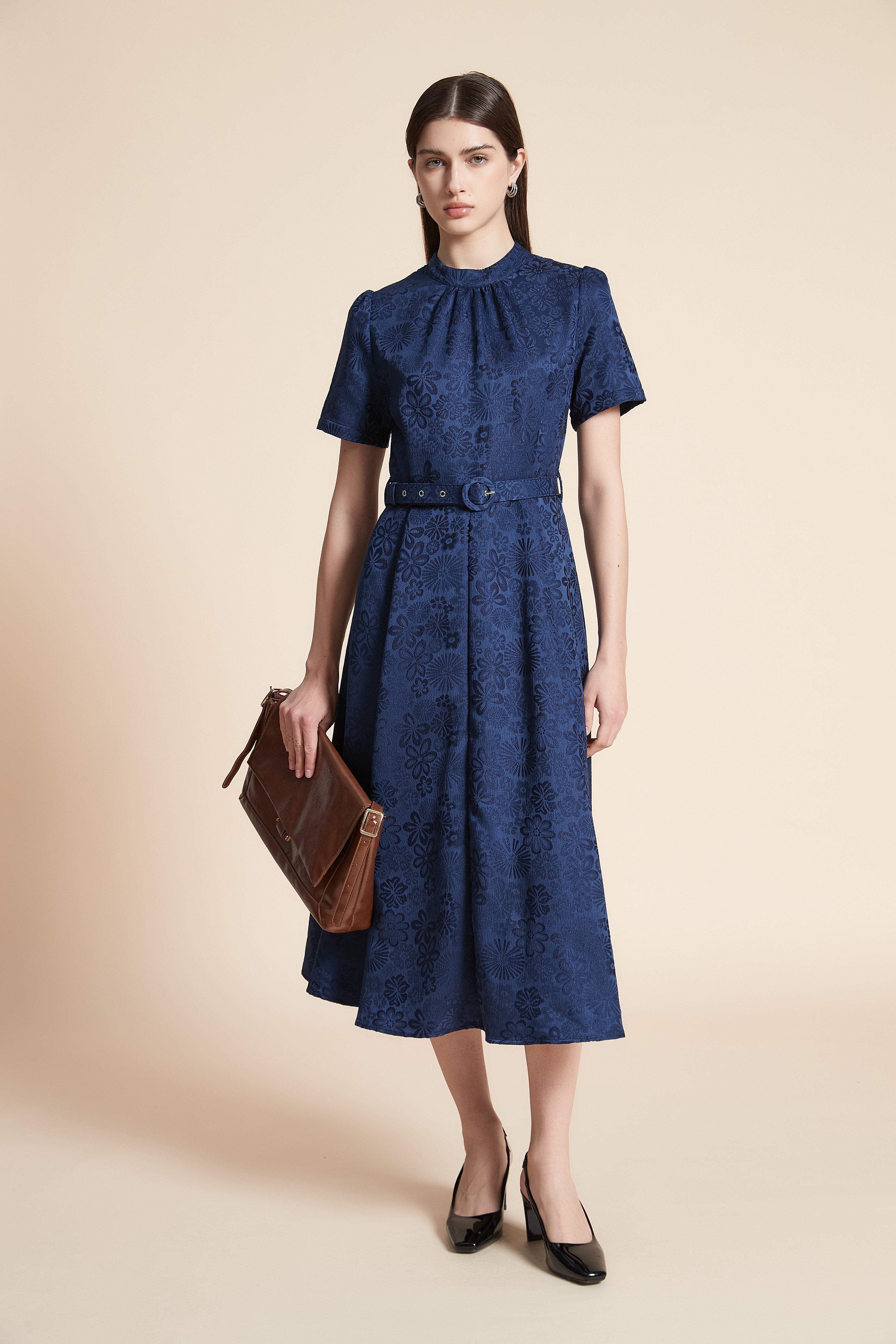 Short Sleeve Printed Midi Dress with Belt