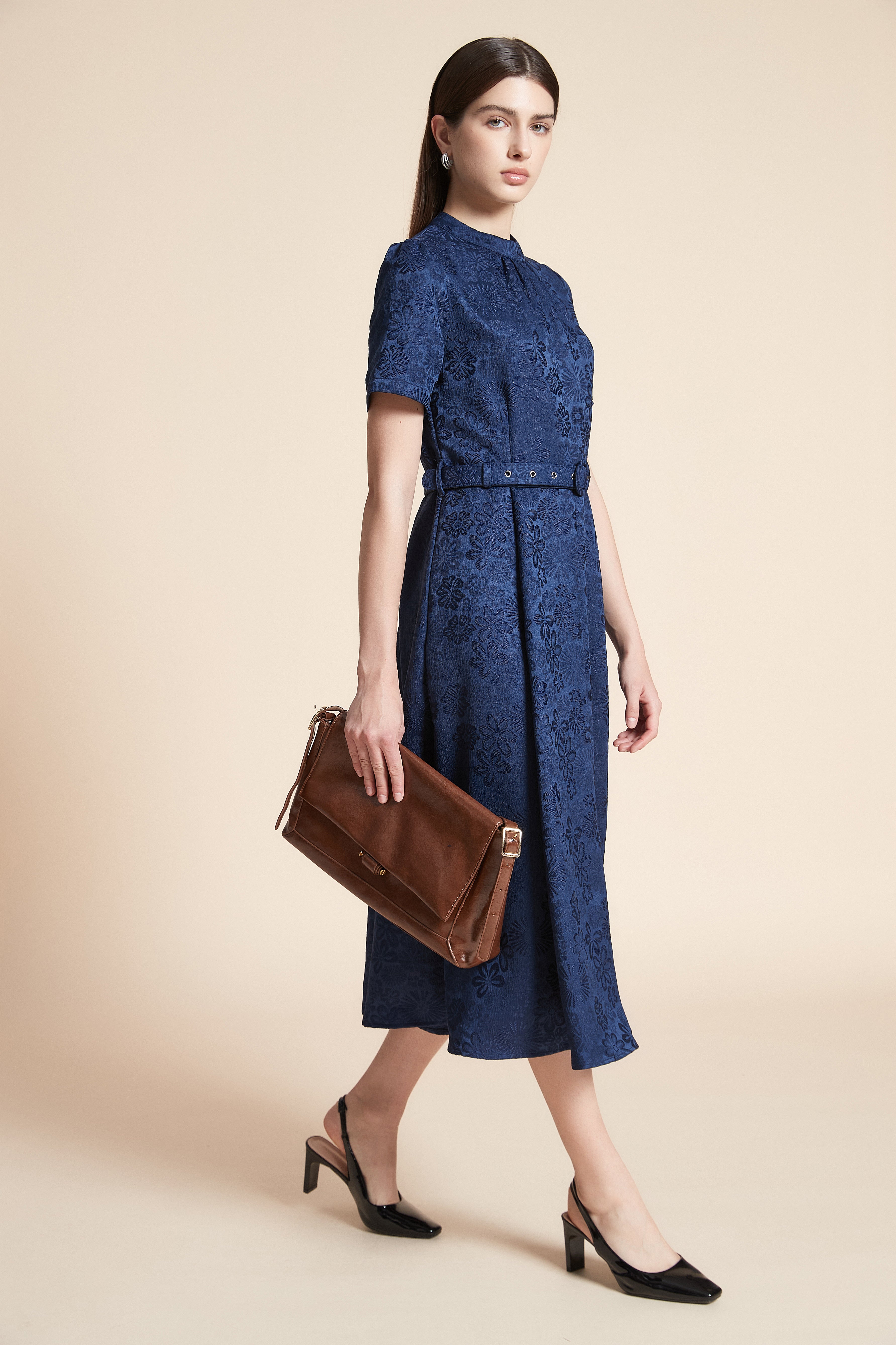 Short Sleeve Printed Midi Dress with Belt