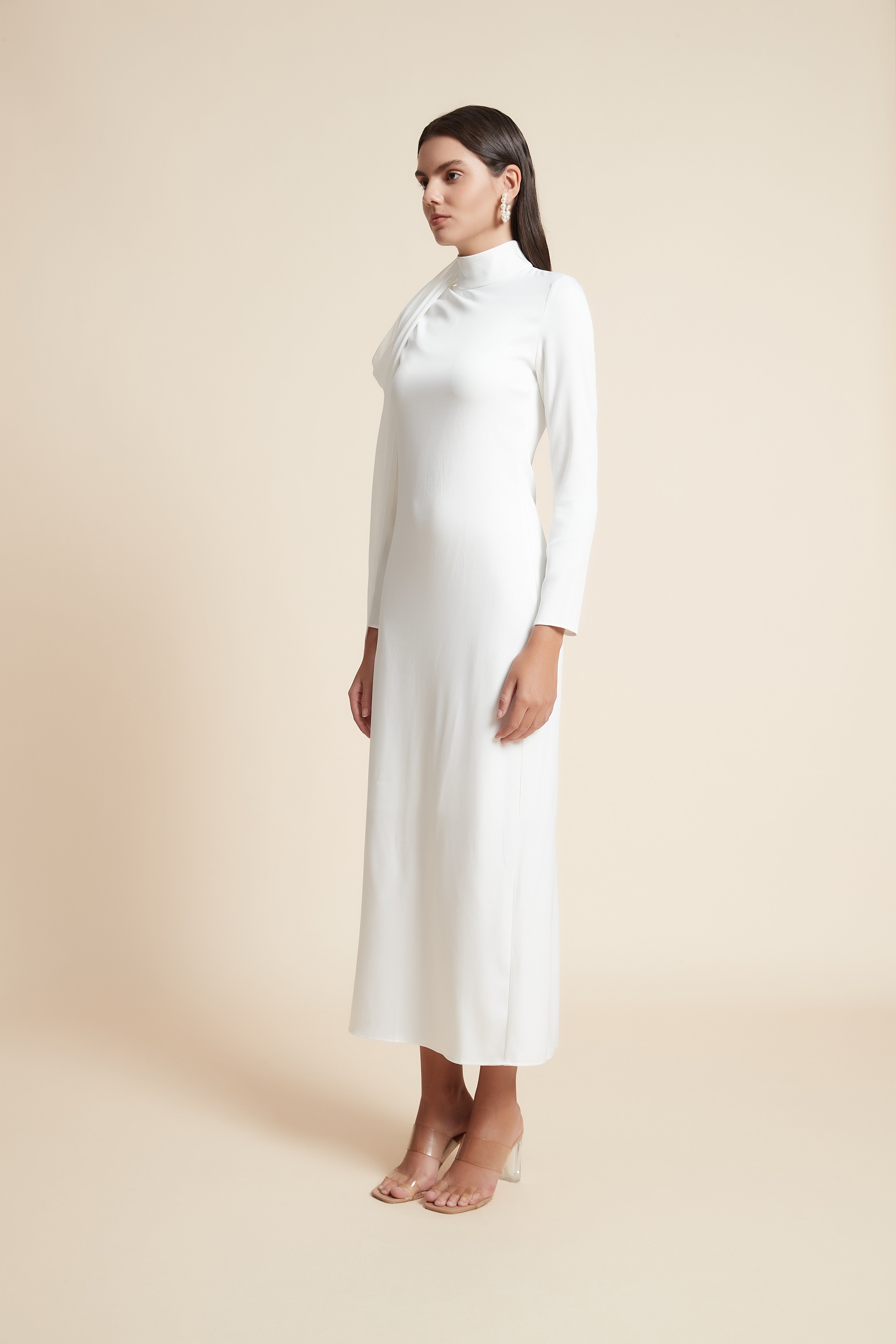 High Neck Long Sleeve Midi Dress