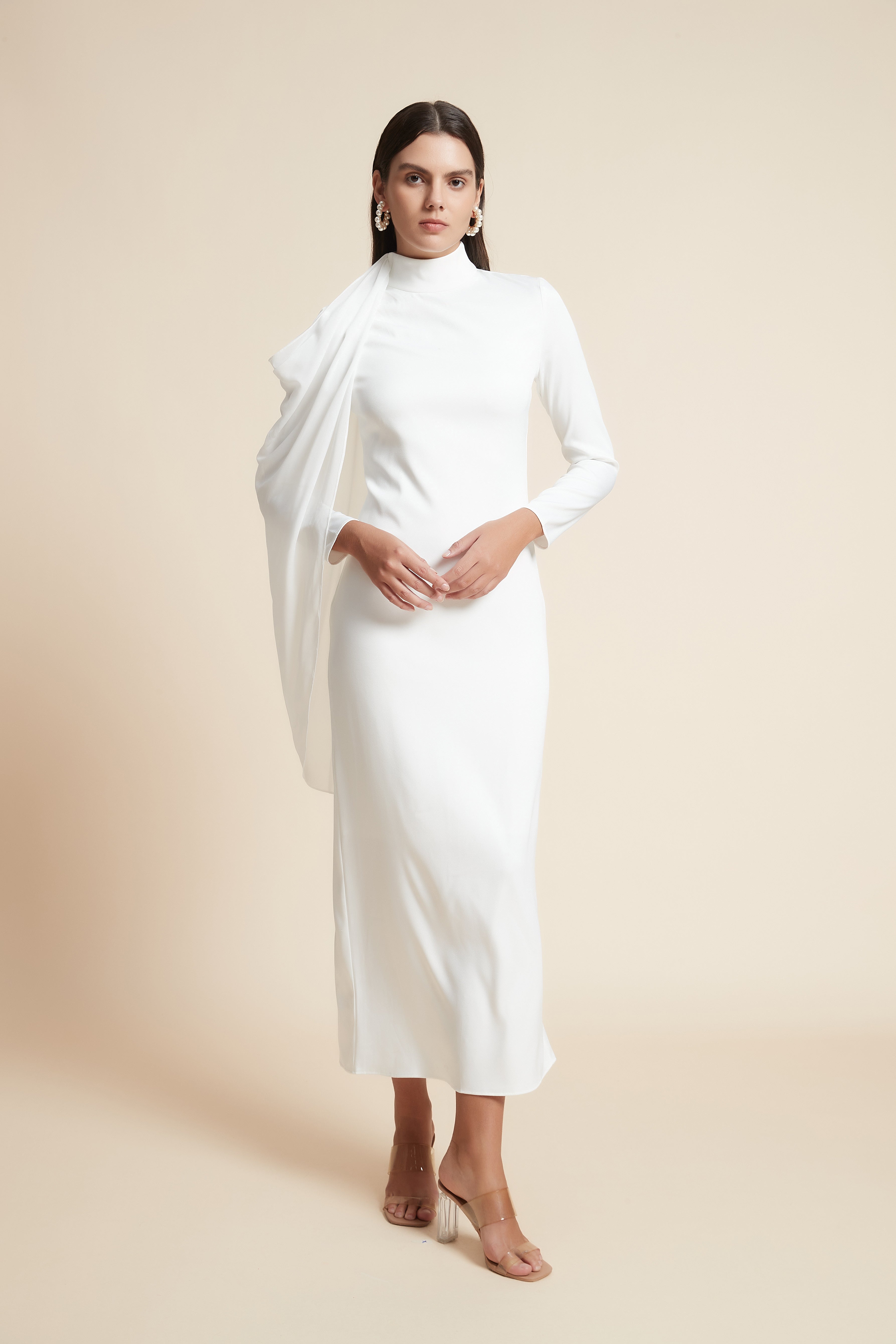 High Neck Long Sleeve Midi Dress
