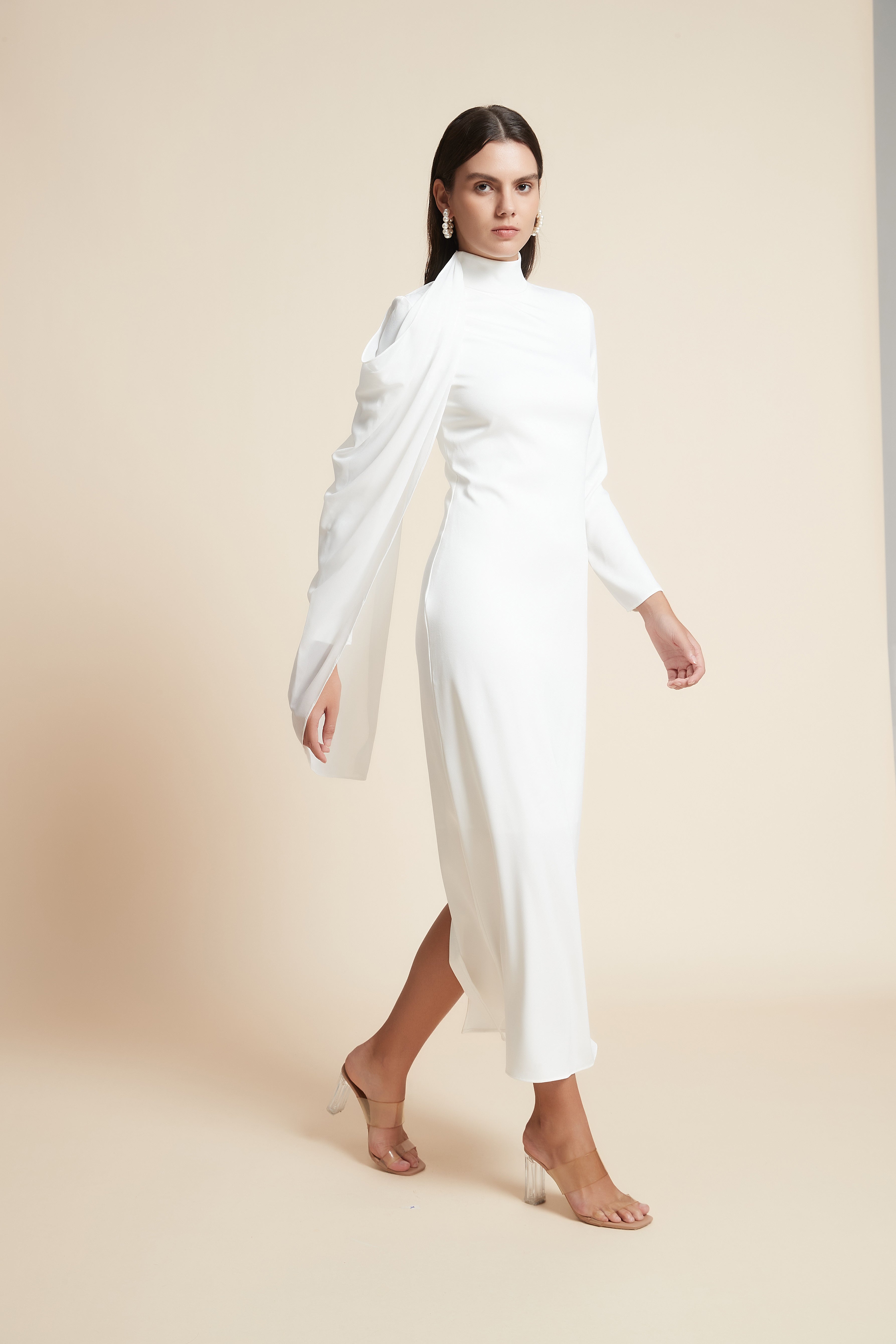 High Neck Long Sleeve Midi Dress