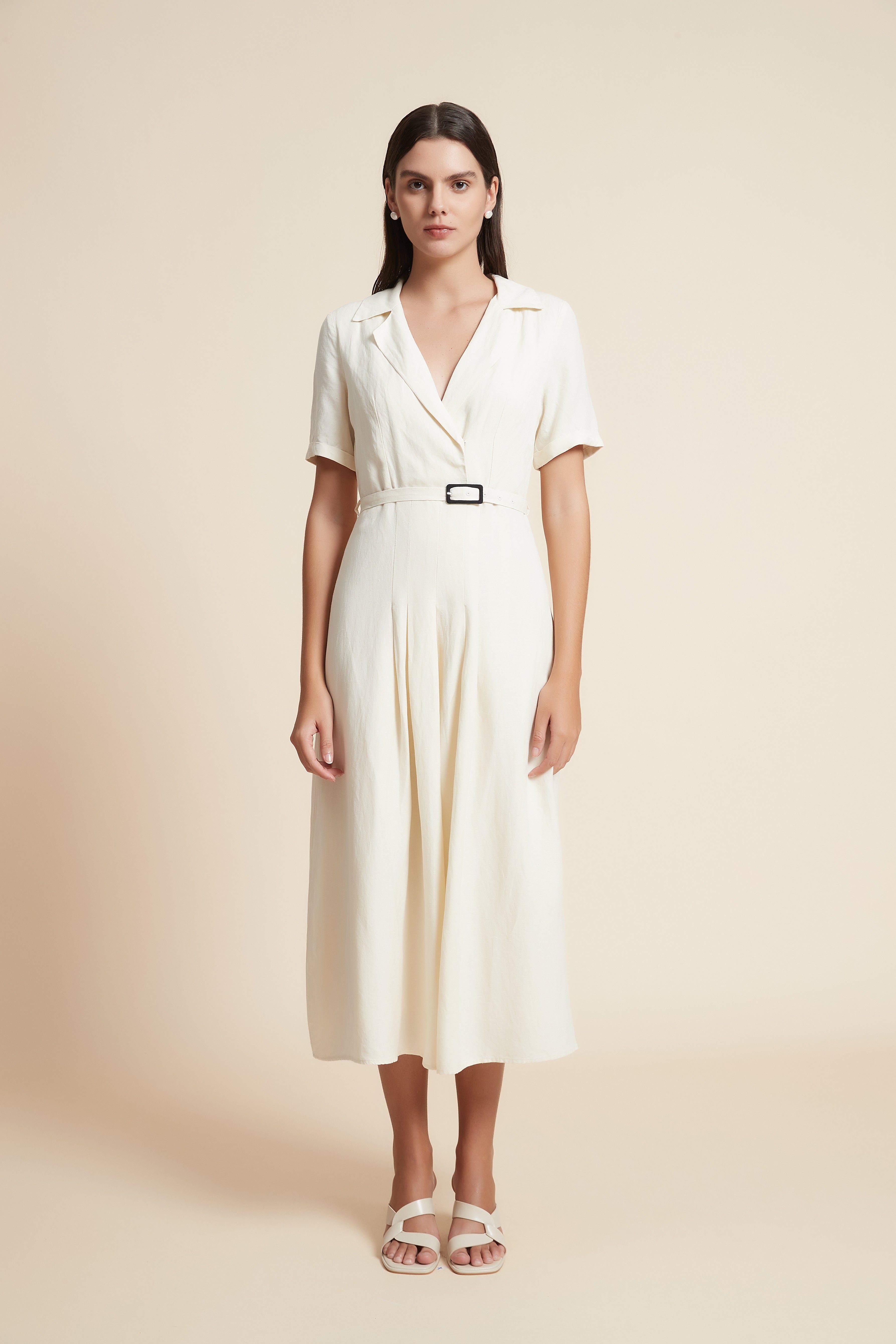 Midi Dress with Waist Belt and Half Sleeves