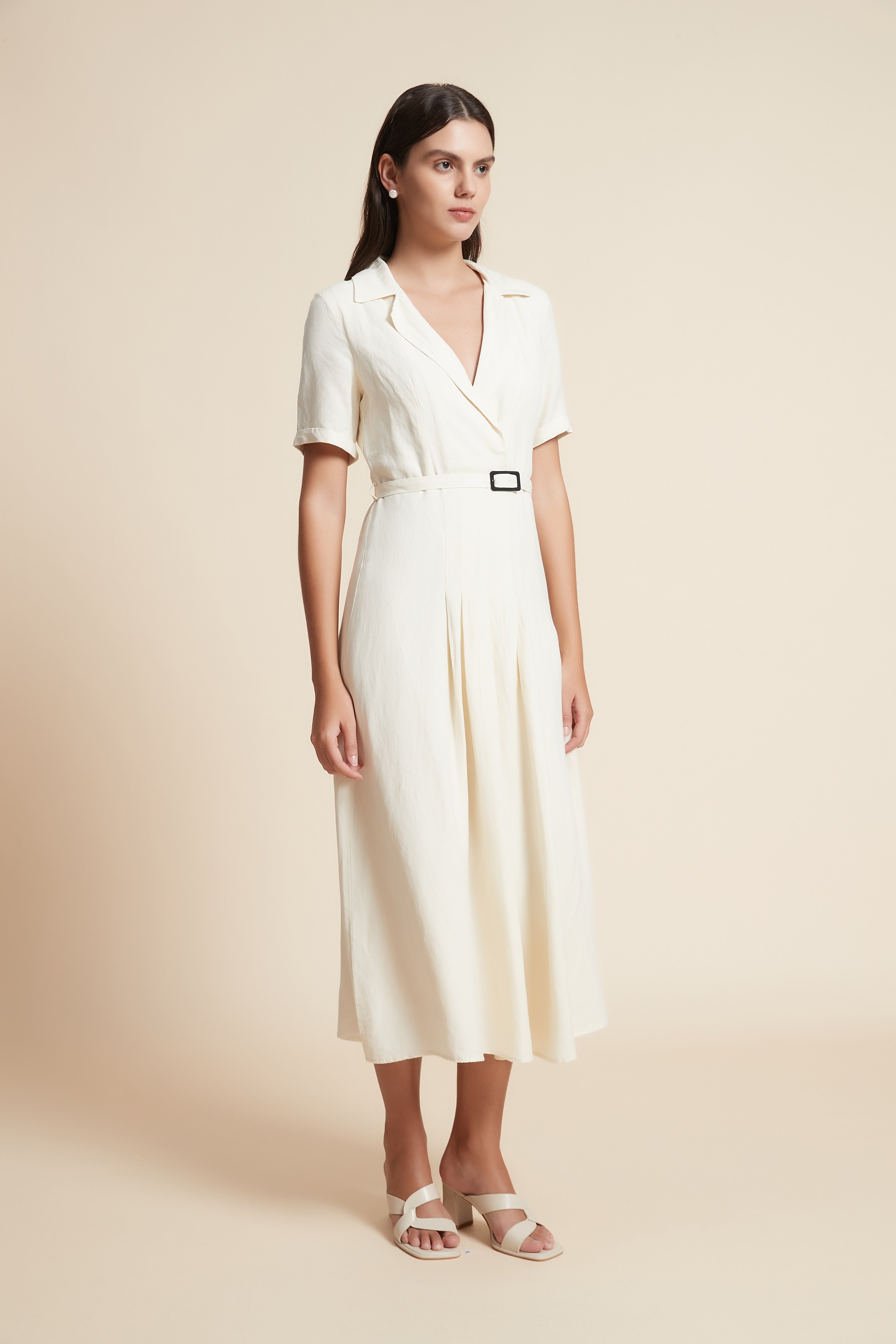 Midi Dress with Waist Belt and Half Sleeves