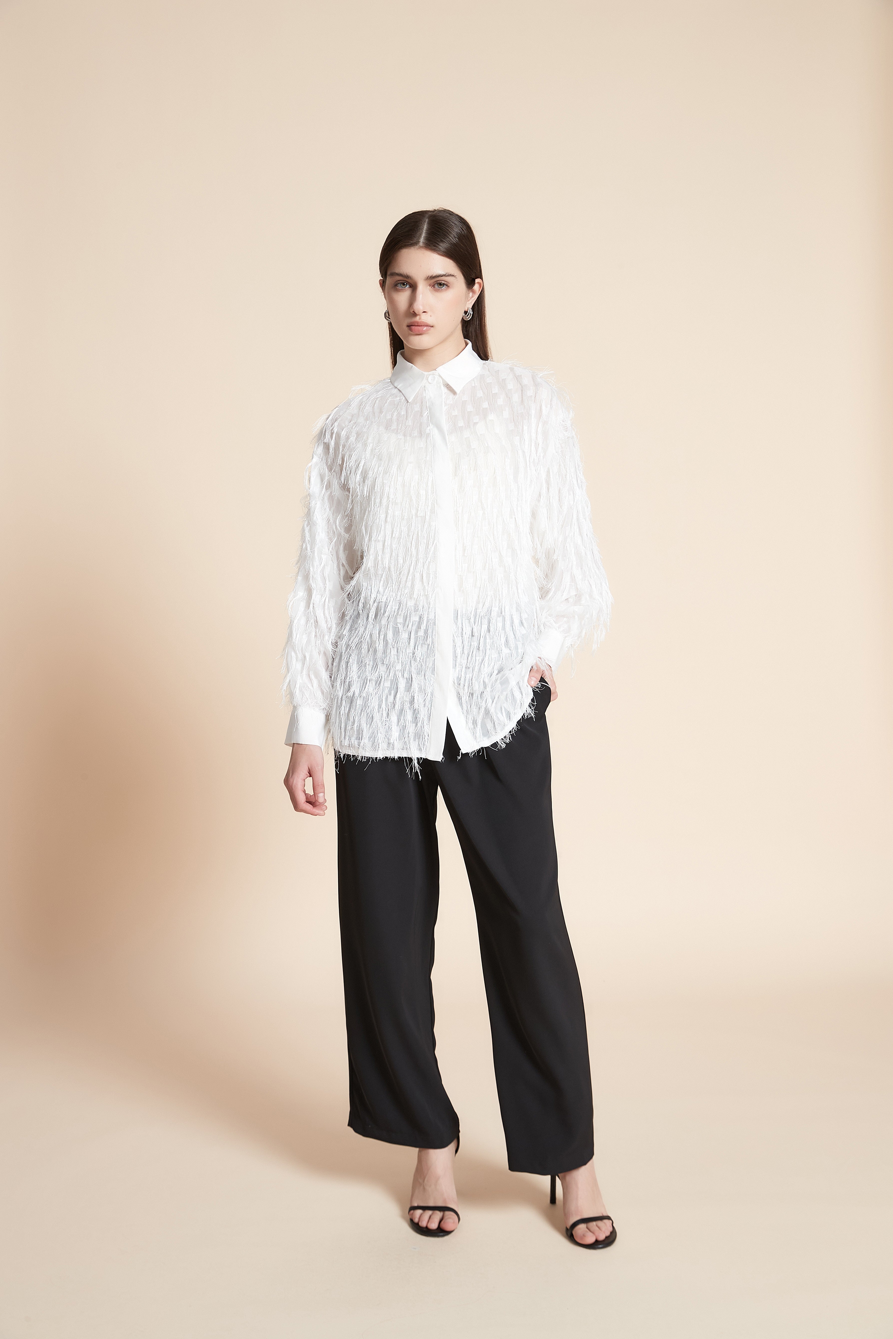 Feather Long Sleeve Waist-Length Blouse