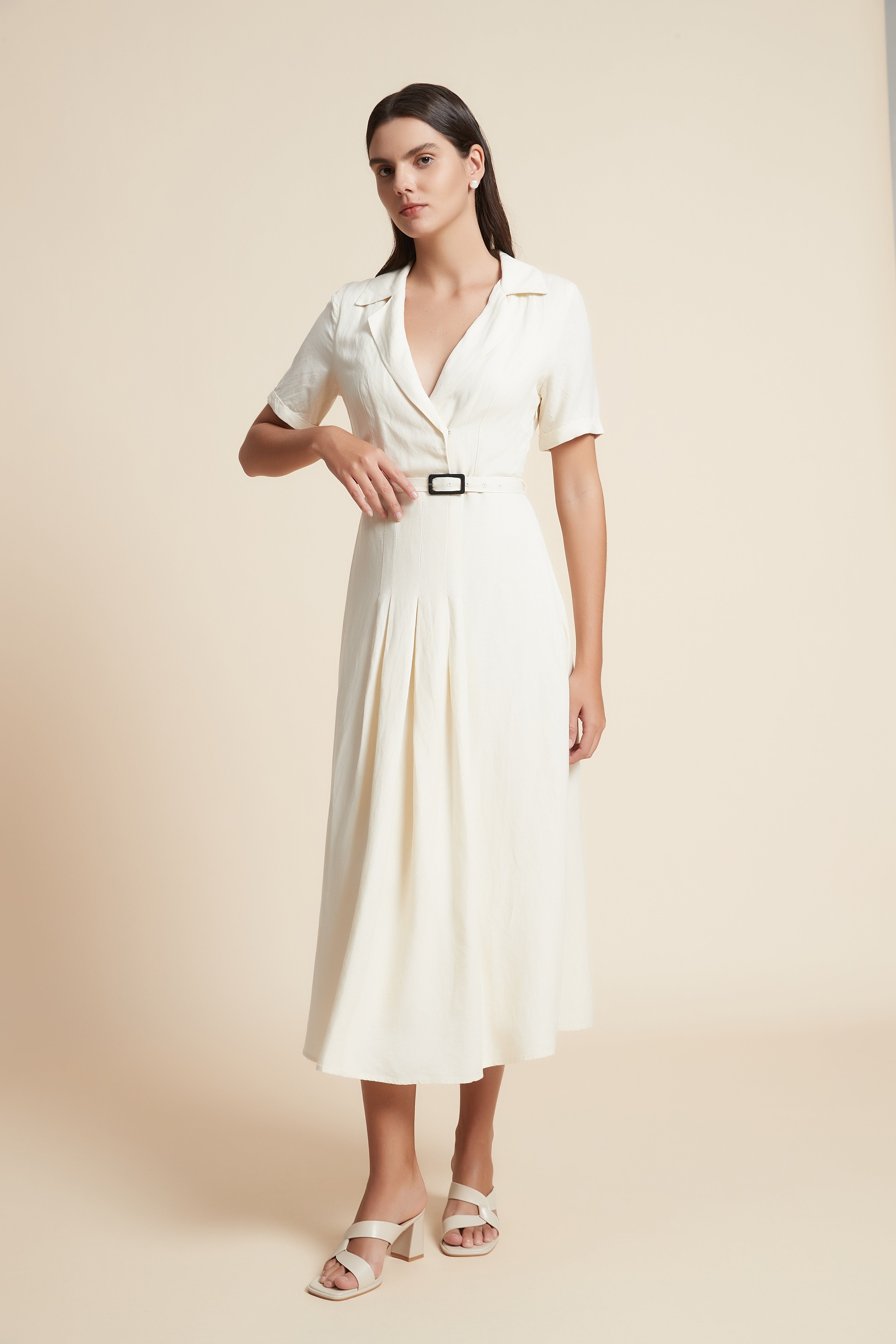 Midi Dress with Waist Belt and Half Sleeves