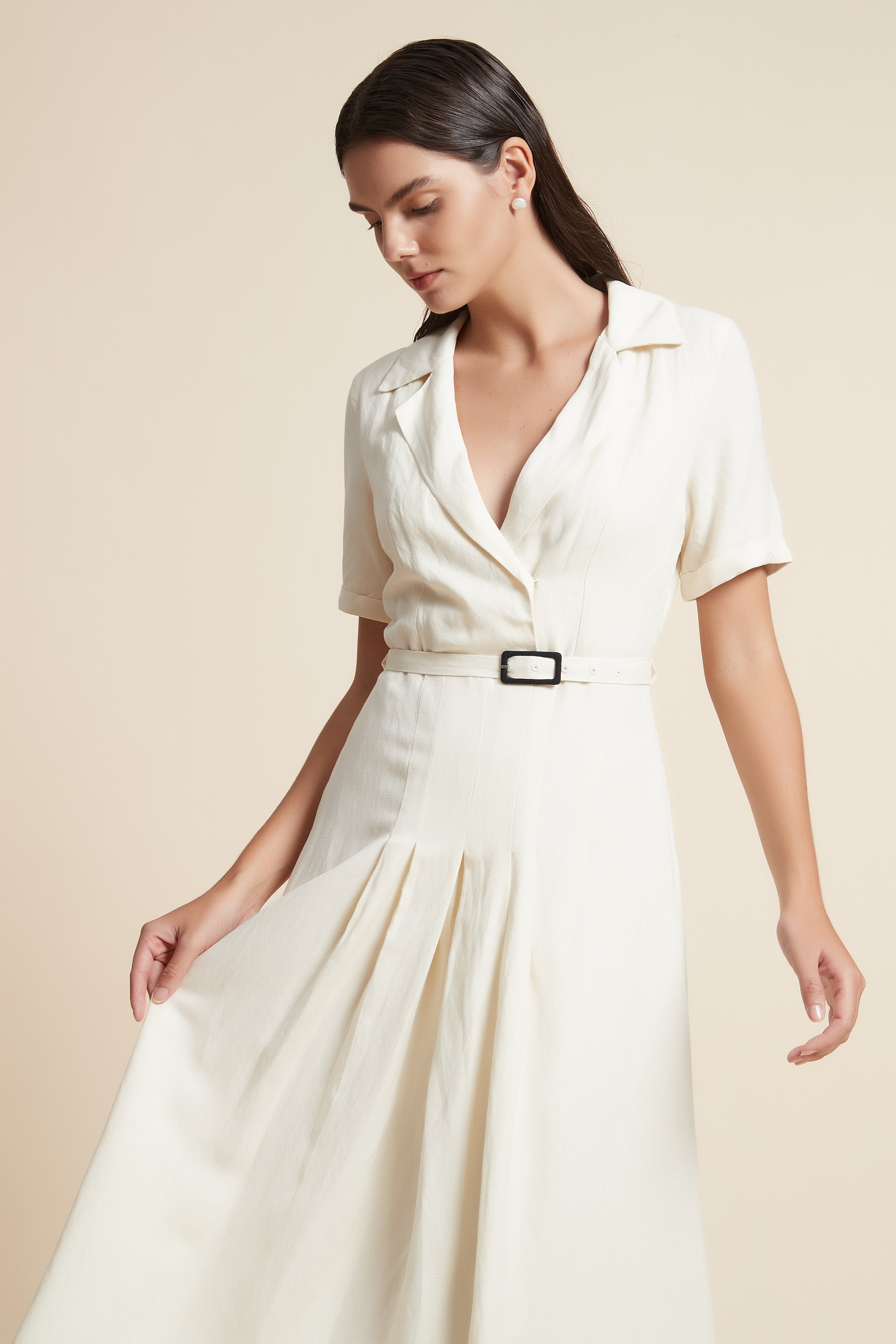 Midi Dress with Waist Belt and Half Sleeves
