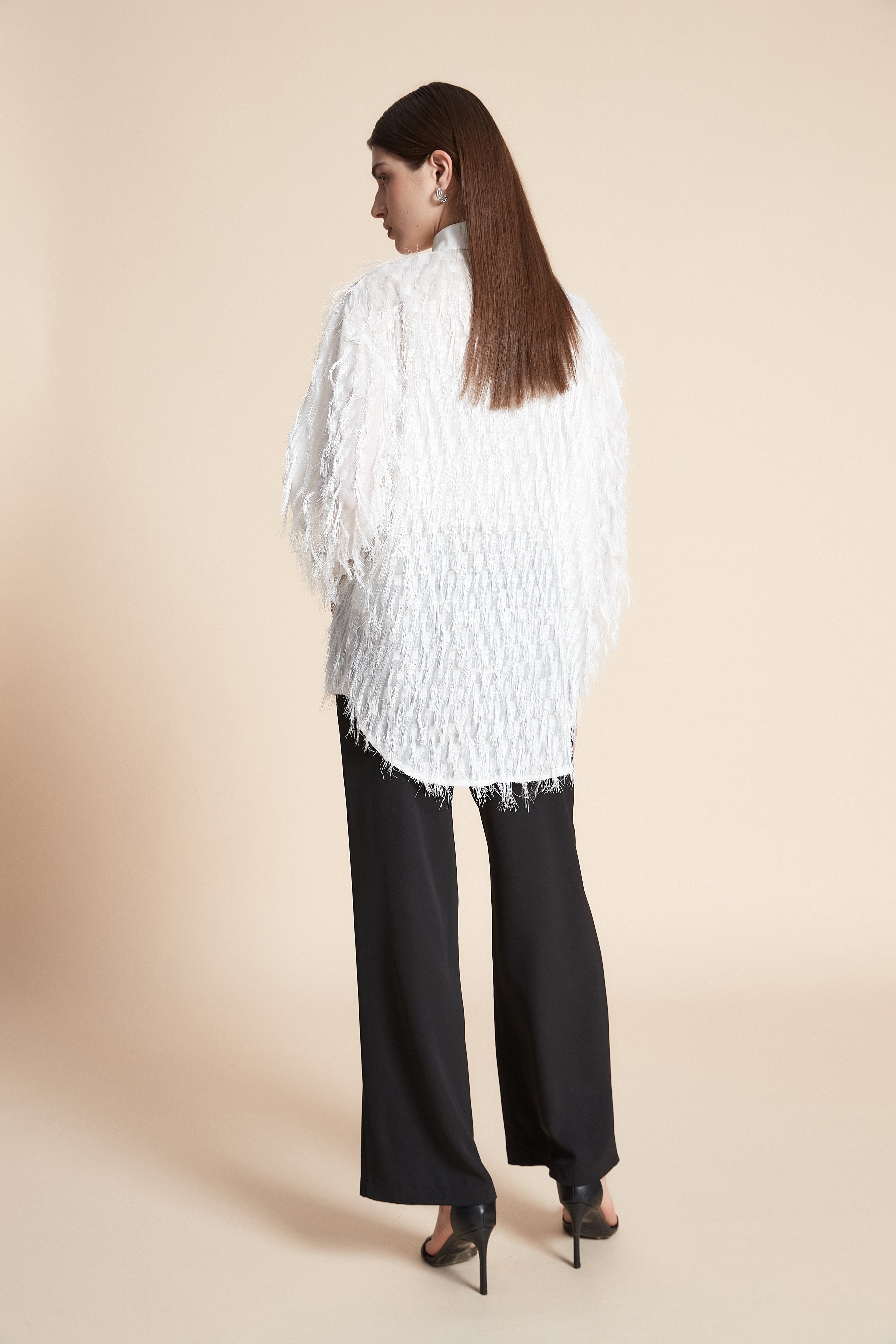 Feather Long Sleeve Waist-Length Blouse