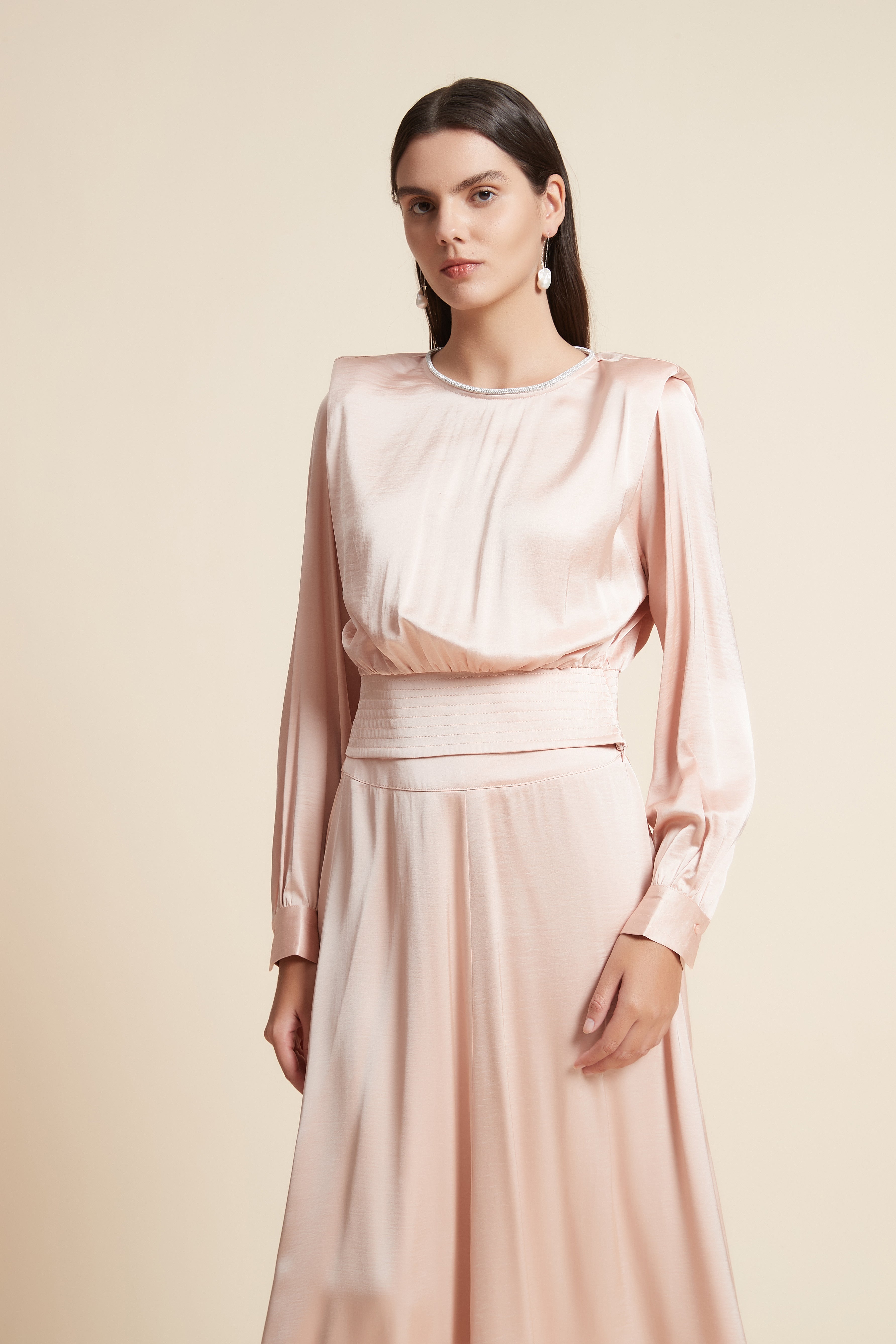Long Sleeve Satin Blouse with Square Neck