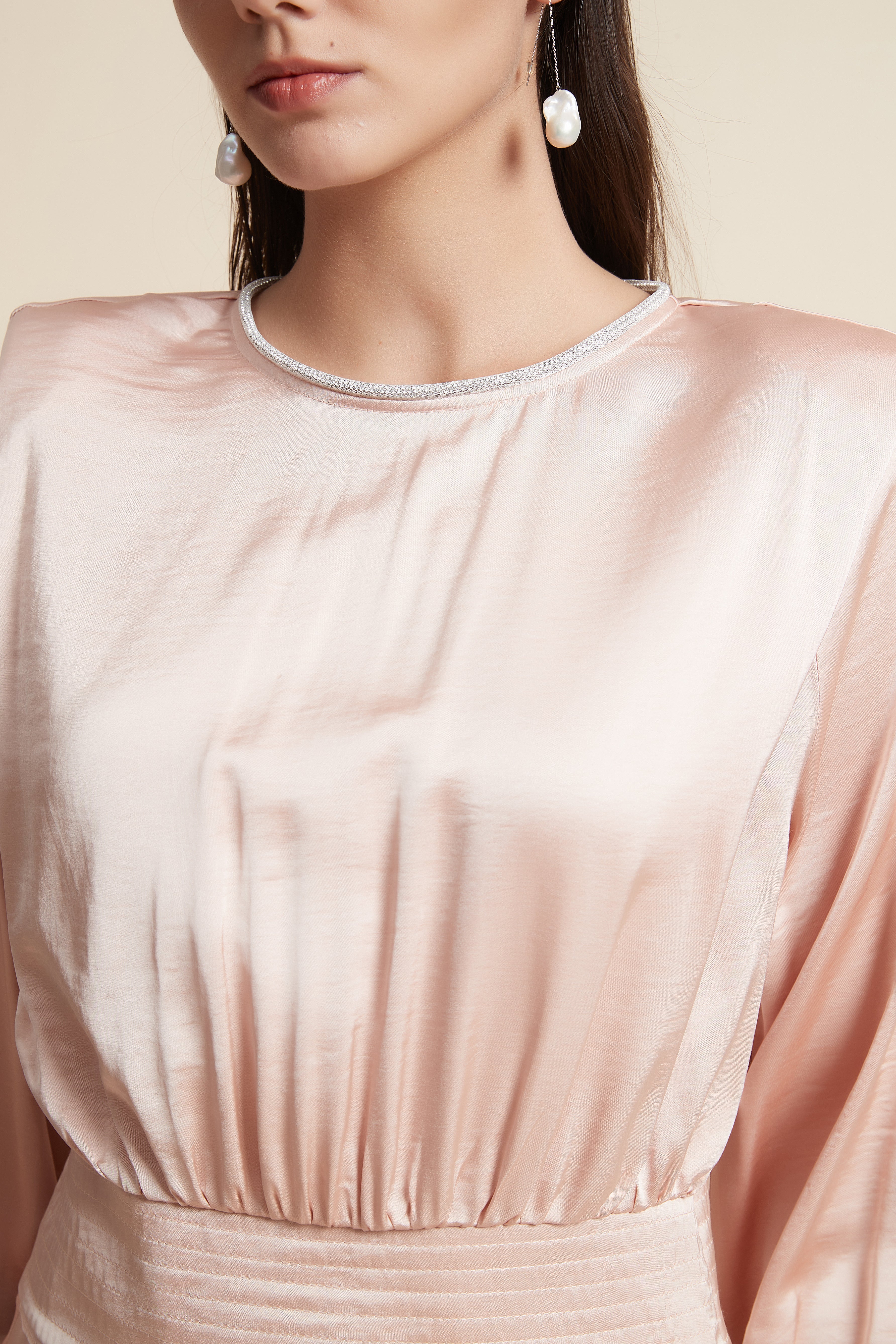 Long Sleeve Satin Blouse with Square Neck