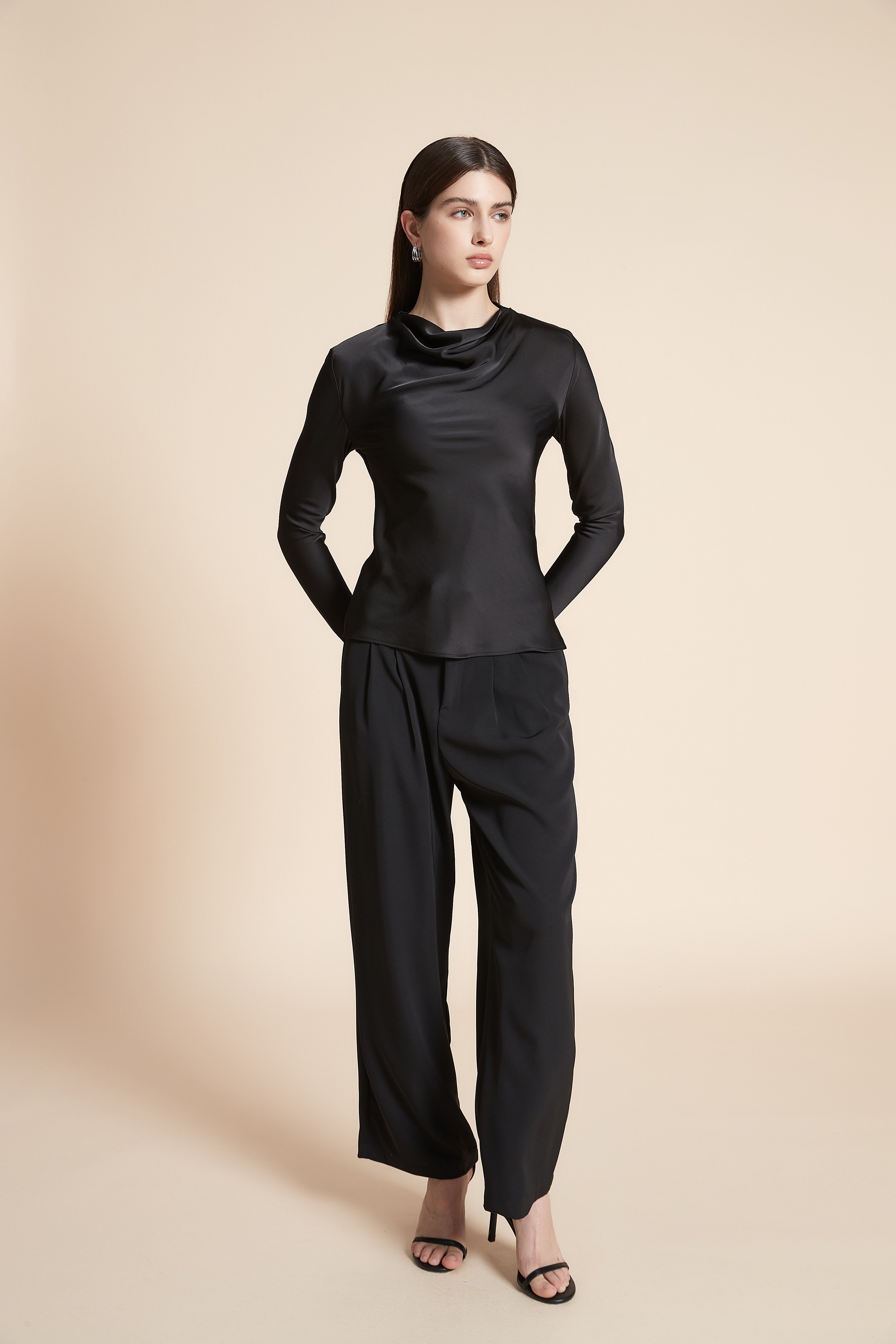 Solid Waist-Length Long Sleeve Blouse