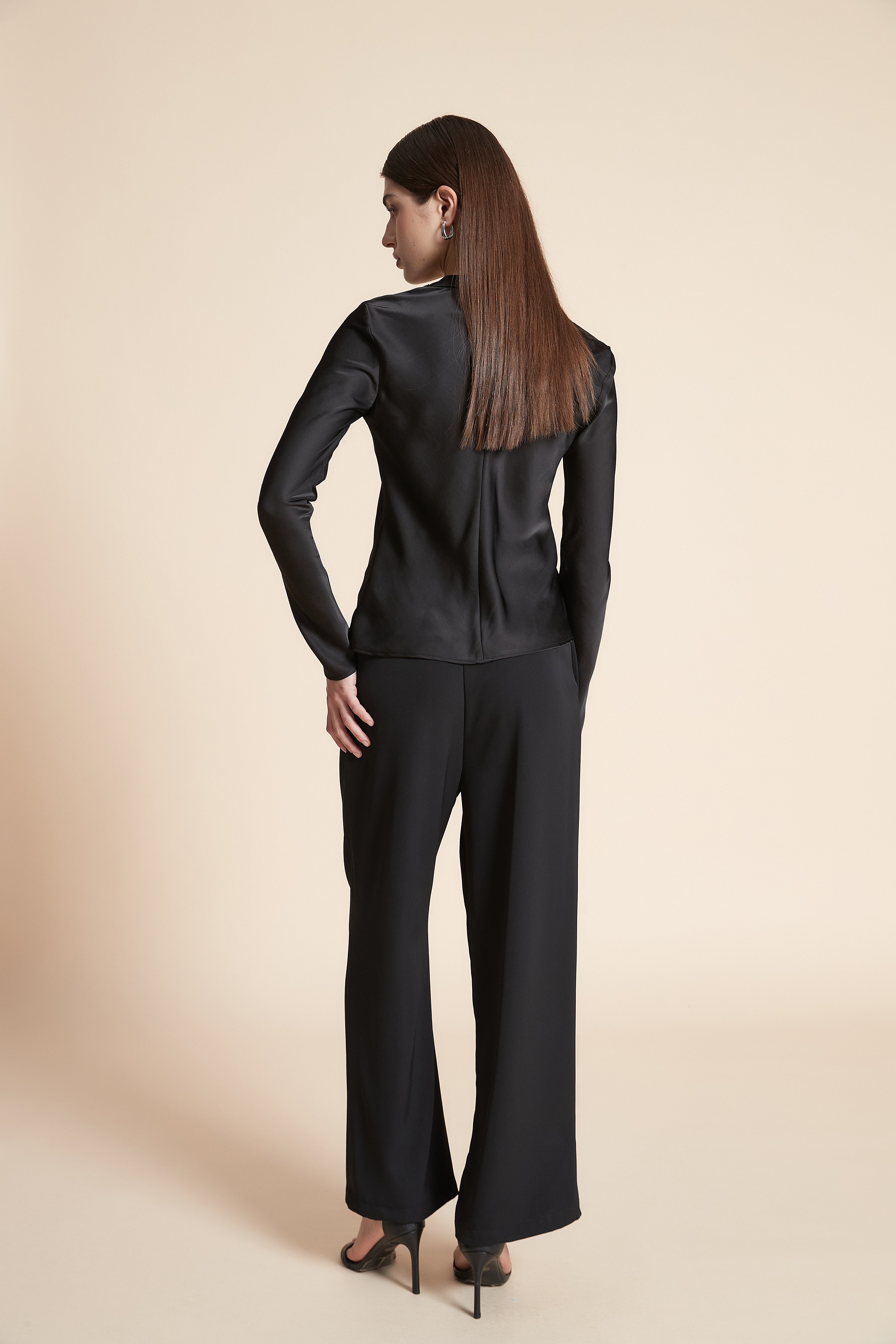 Solid Waist-Length Long Sleeve Blouse