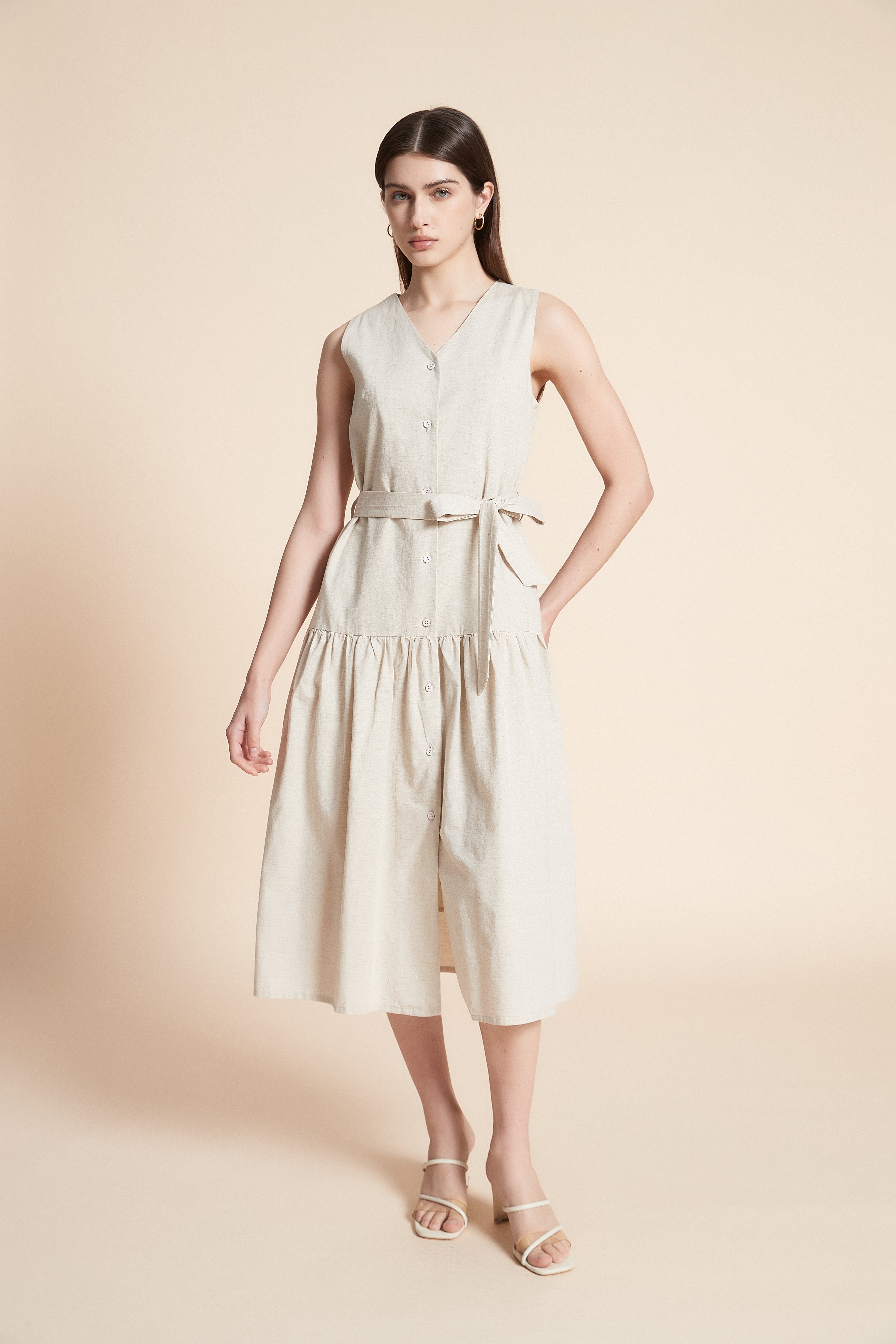 Solid Midi Sleeveless Dress with Belt