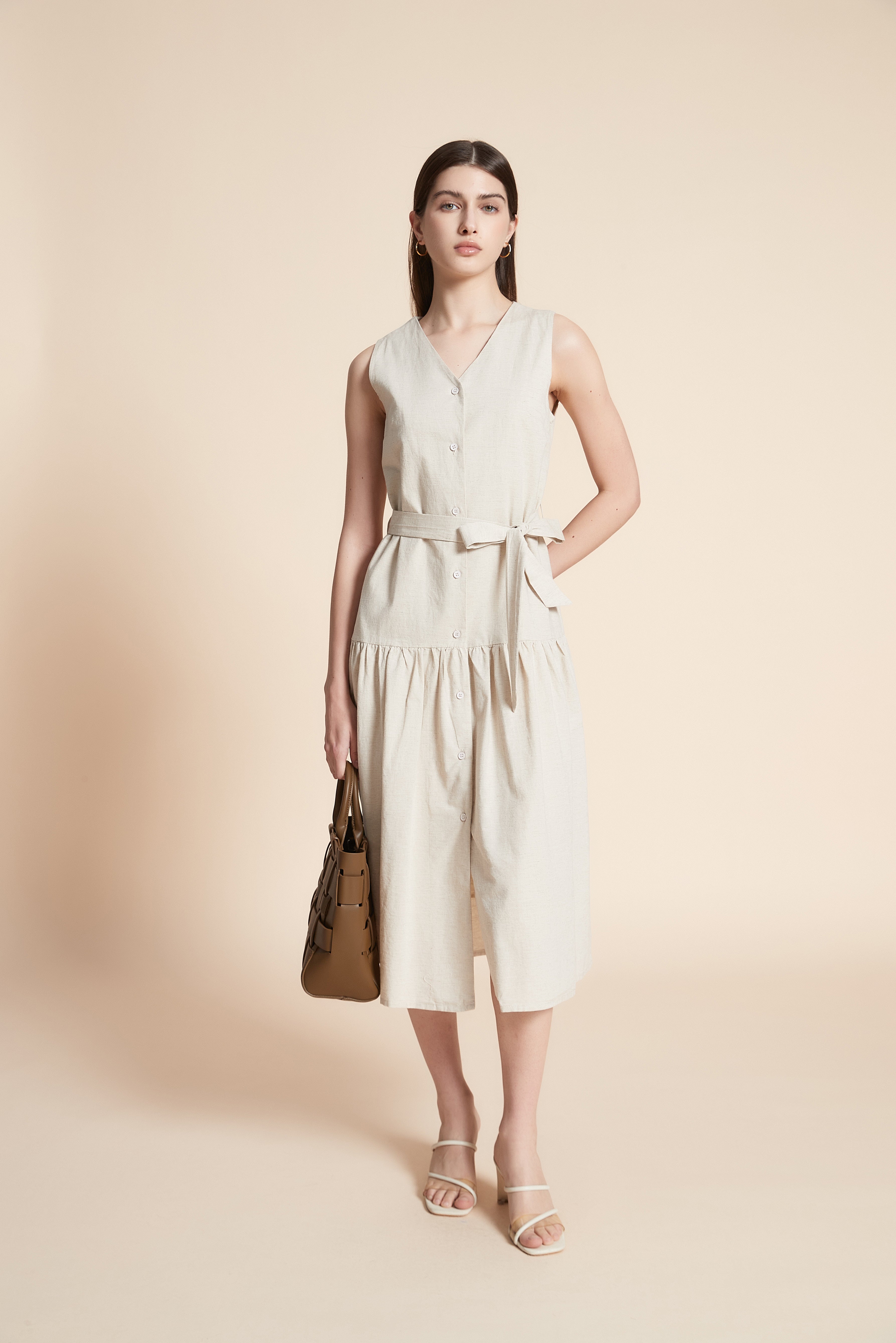 Solid Midi Sleeveless Dress with Belt