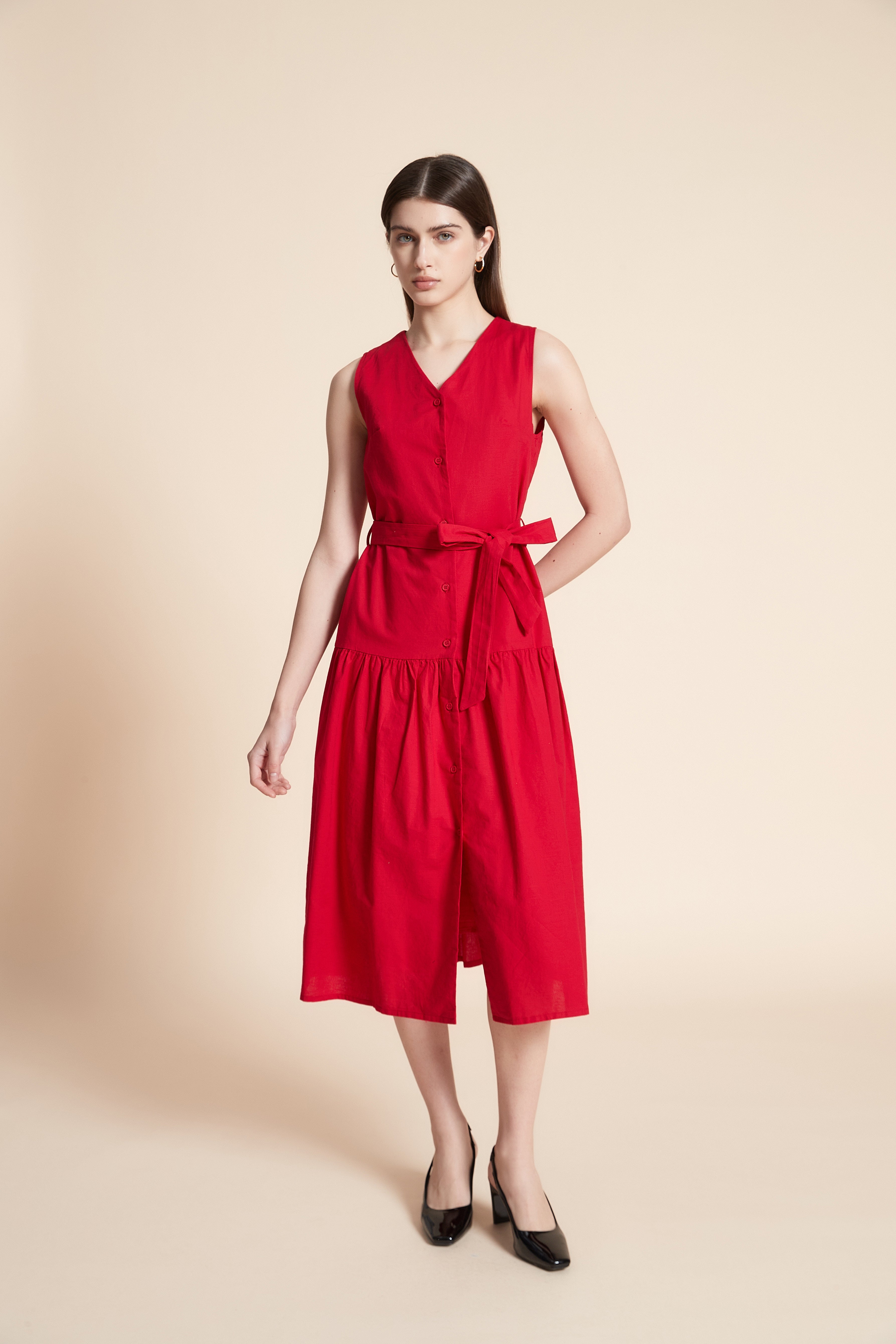 Solid Midi Sleeveless Dress with Belt