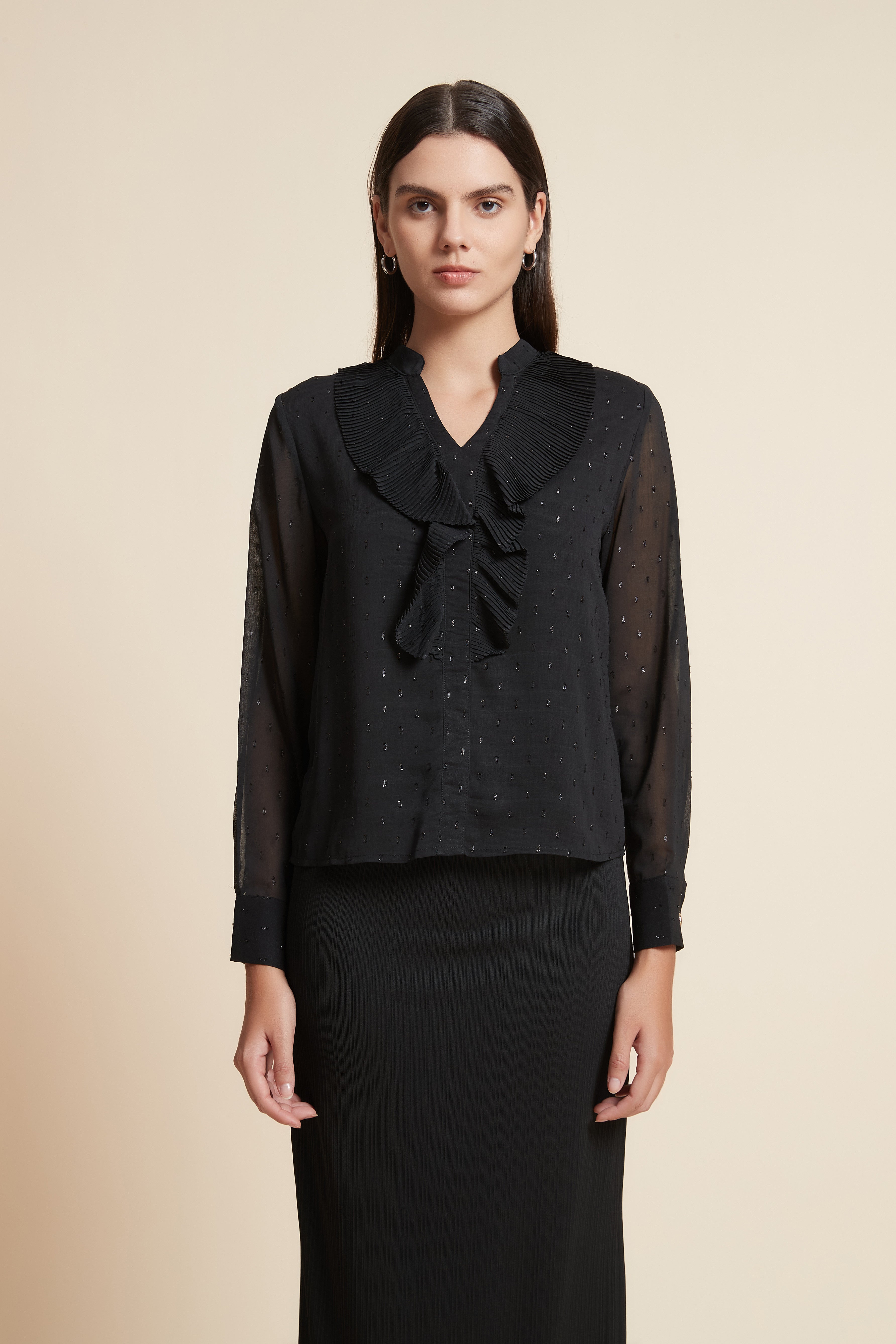 Long Sleeve V-Neck Blouse with Chest Print