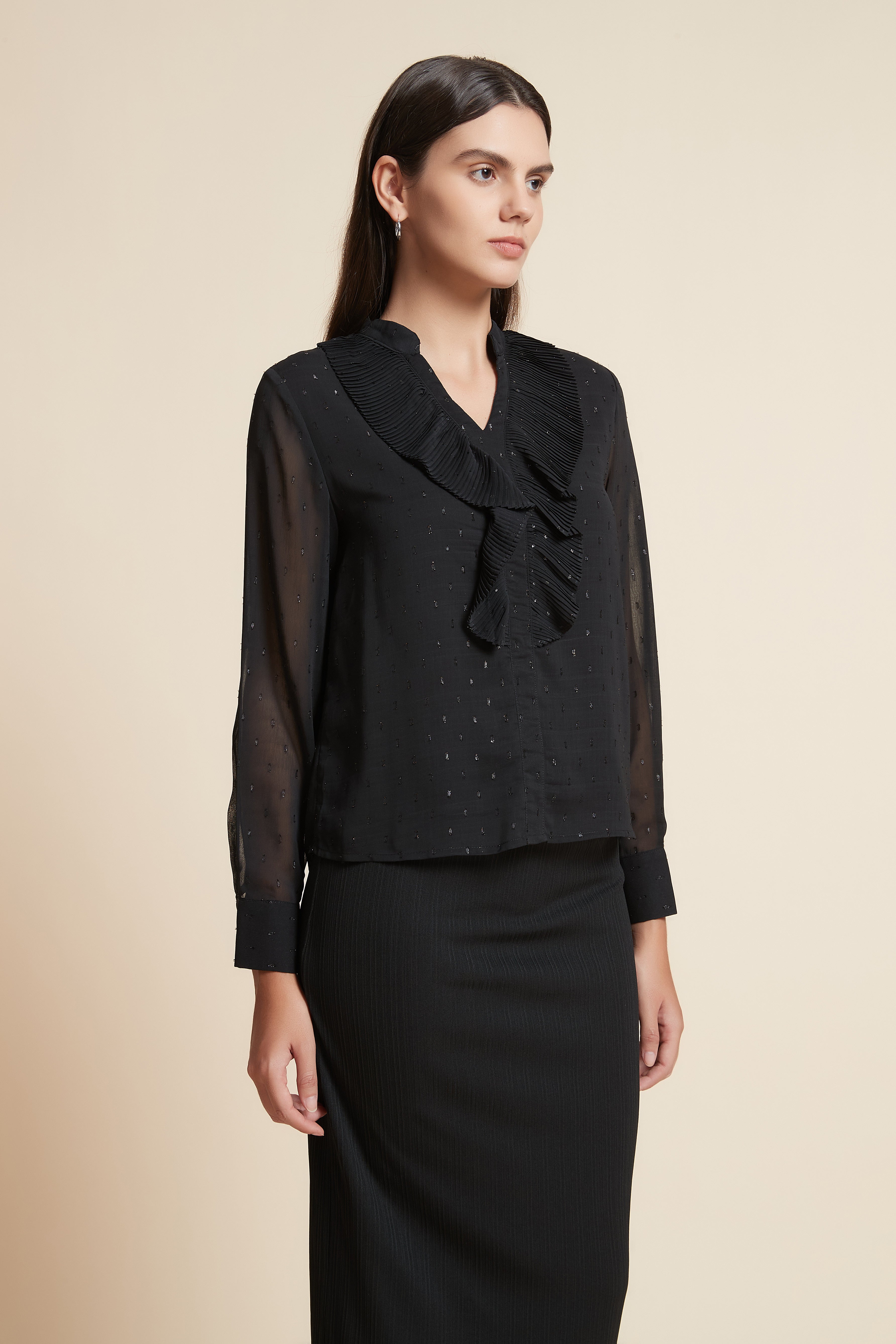 Long Sleeve V-Neck Blouse with Chest Print