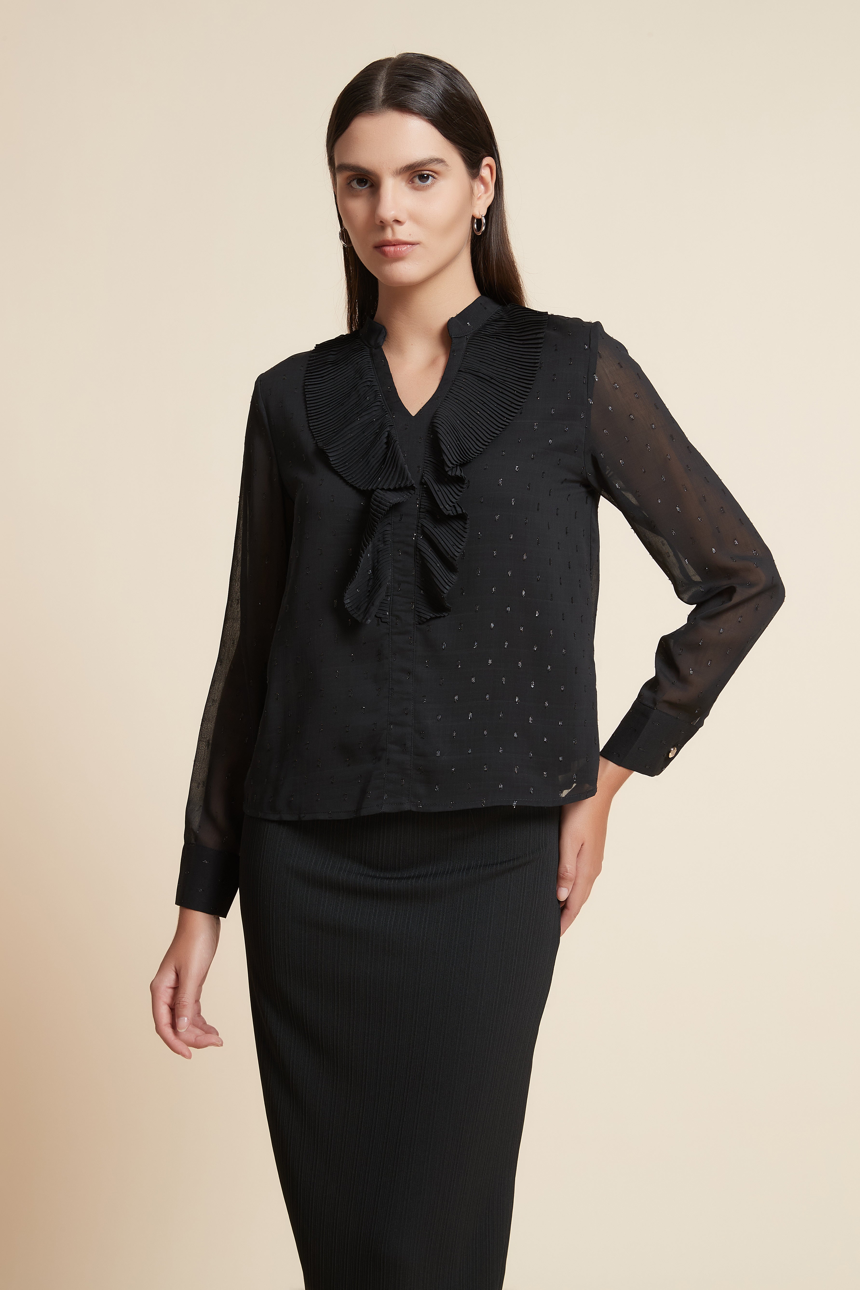 Long Sleeve V-Neck Blouse with Chest Print