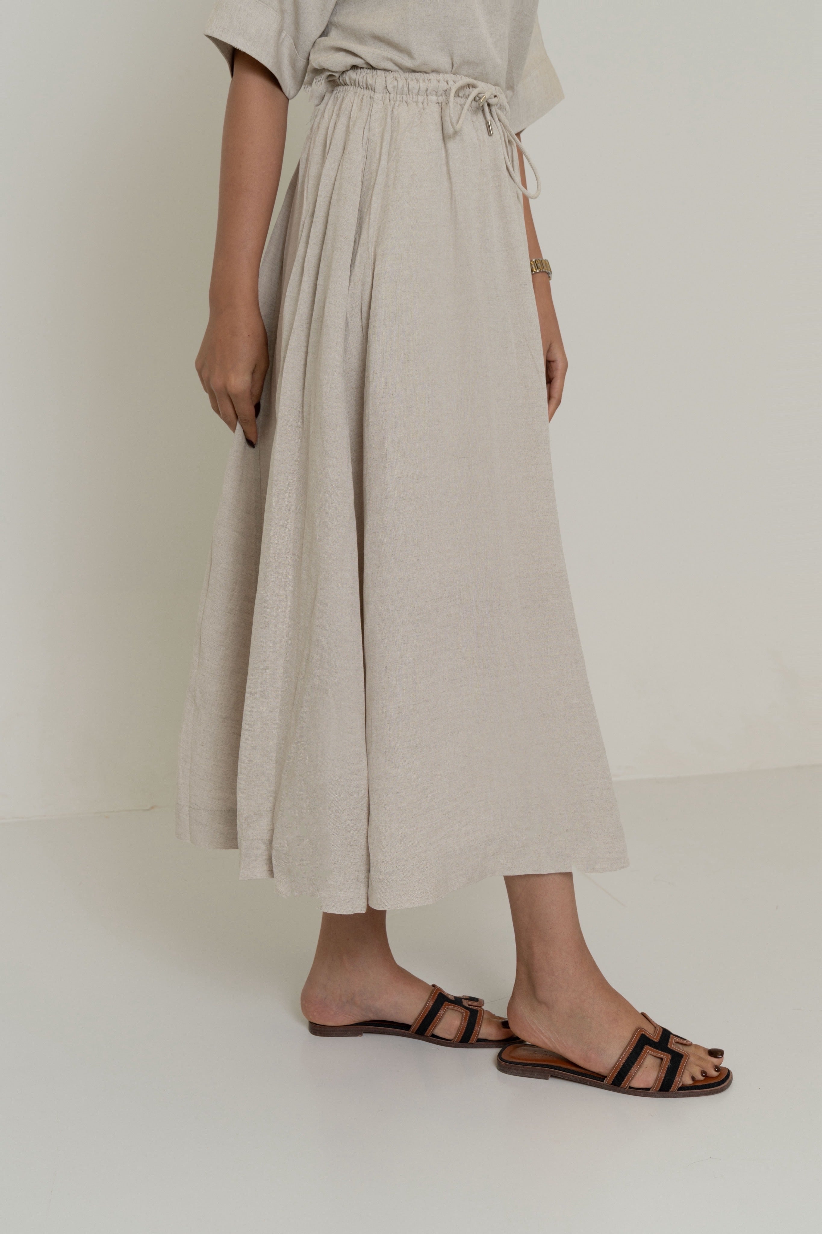Plain Midi Skirt with Flared Cut and Waist Tie