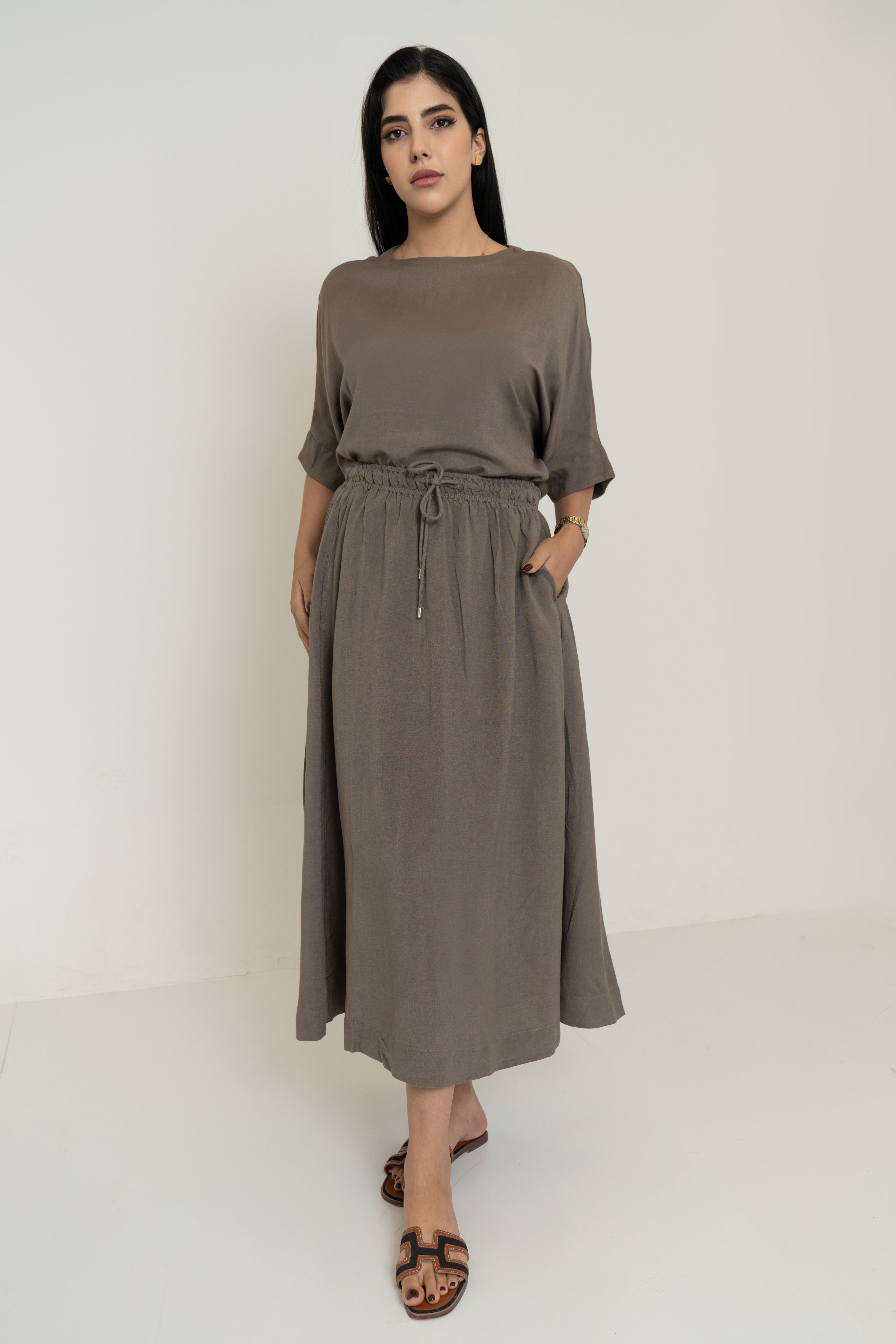 Plain Midi Skirt with Flared Cut and Waist Tie
