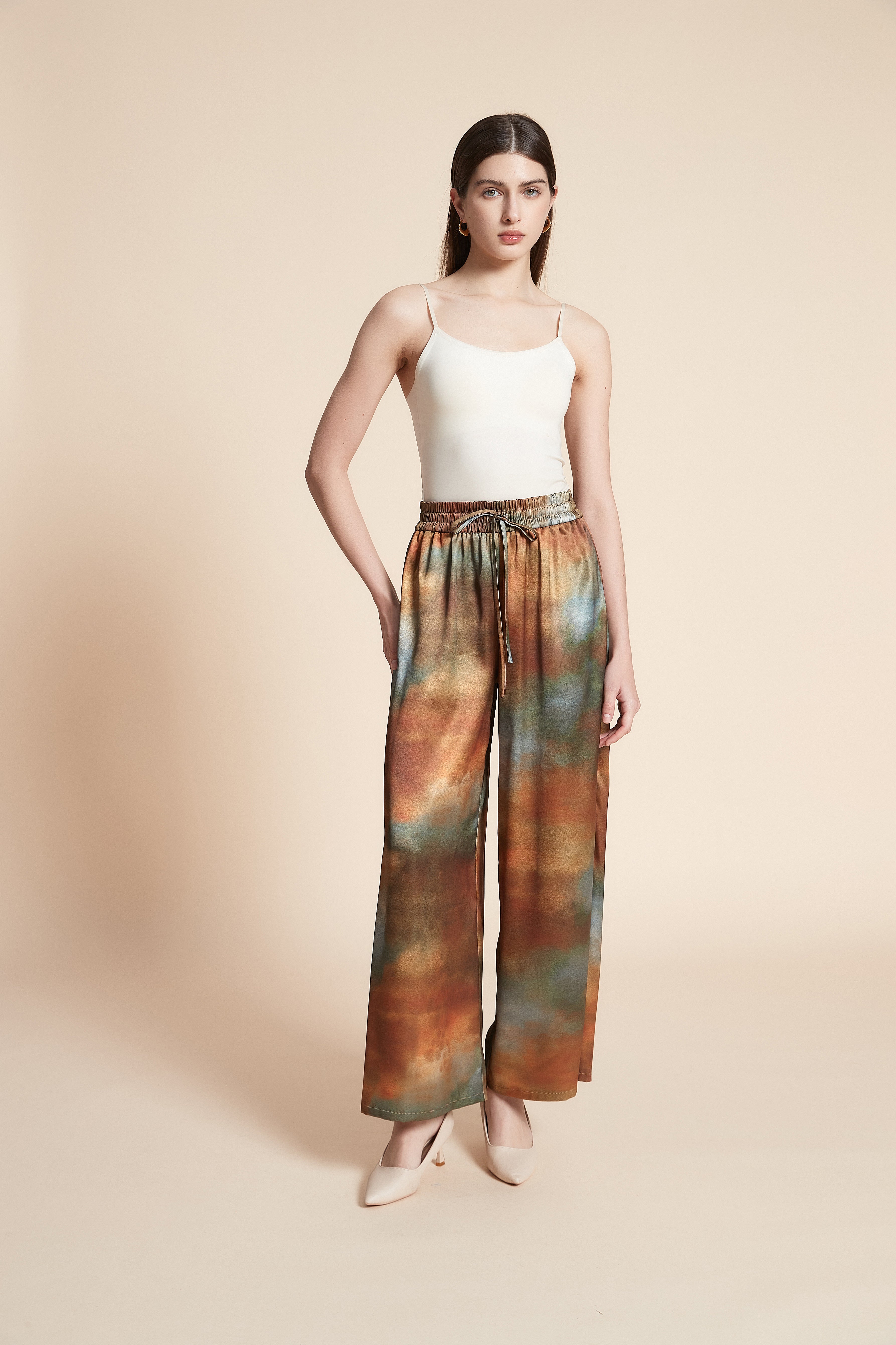 بنطلون مطبوع لونين واسع بحزام