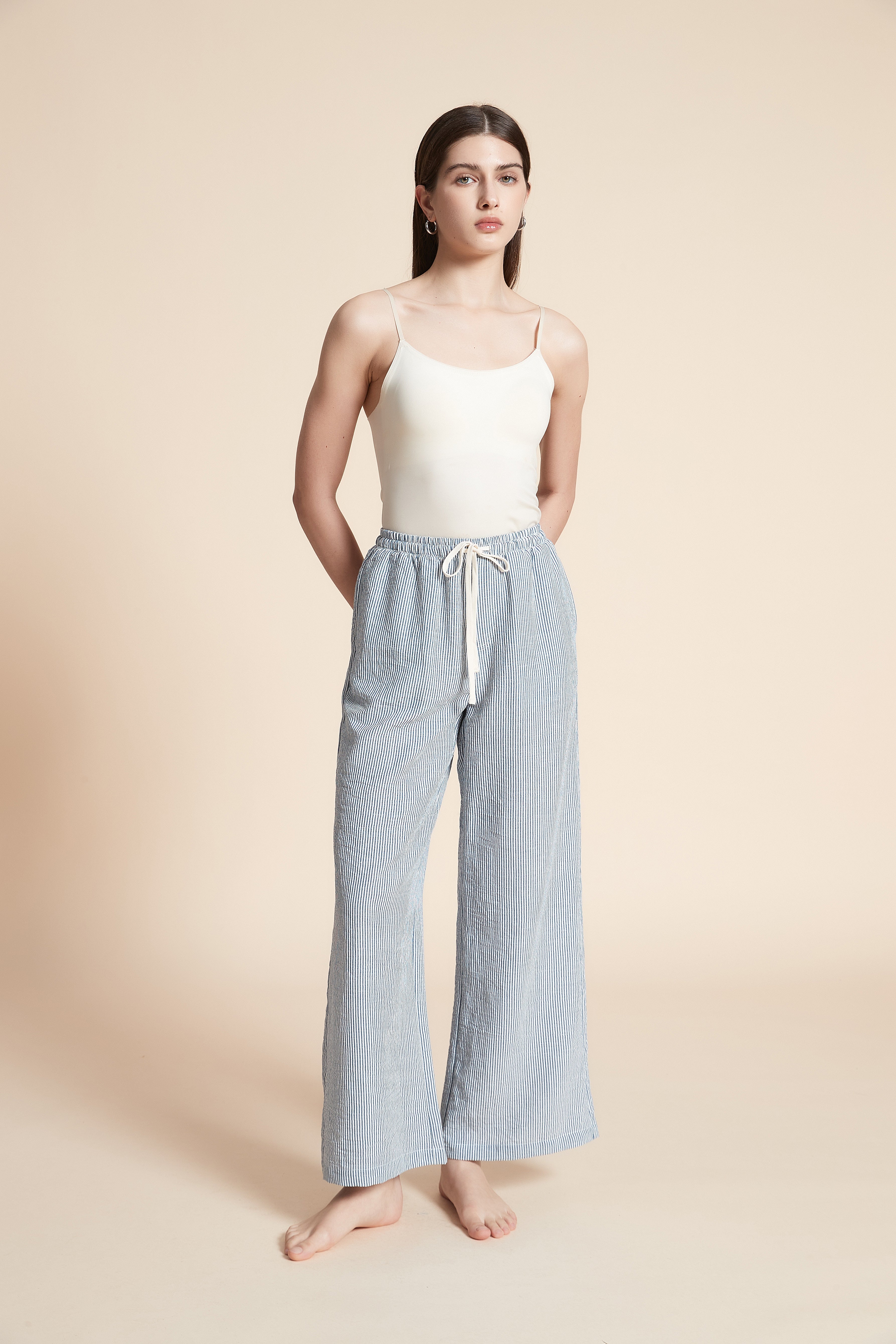 Wide Striped Long Trousers with Belt
