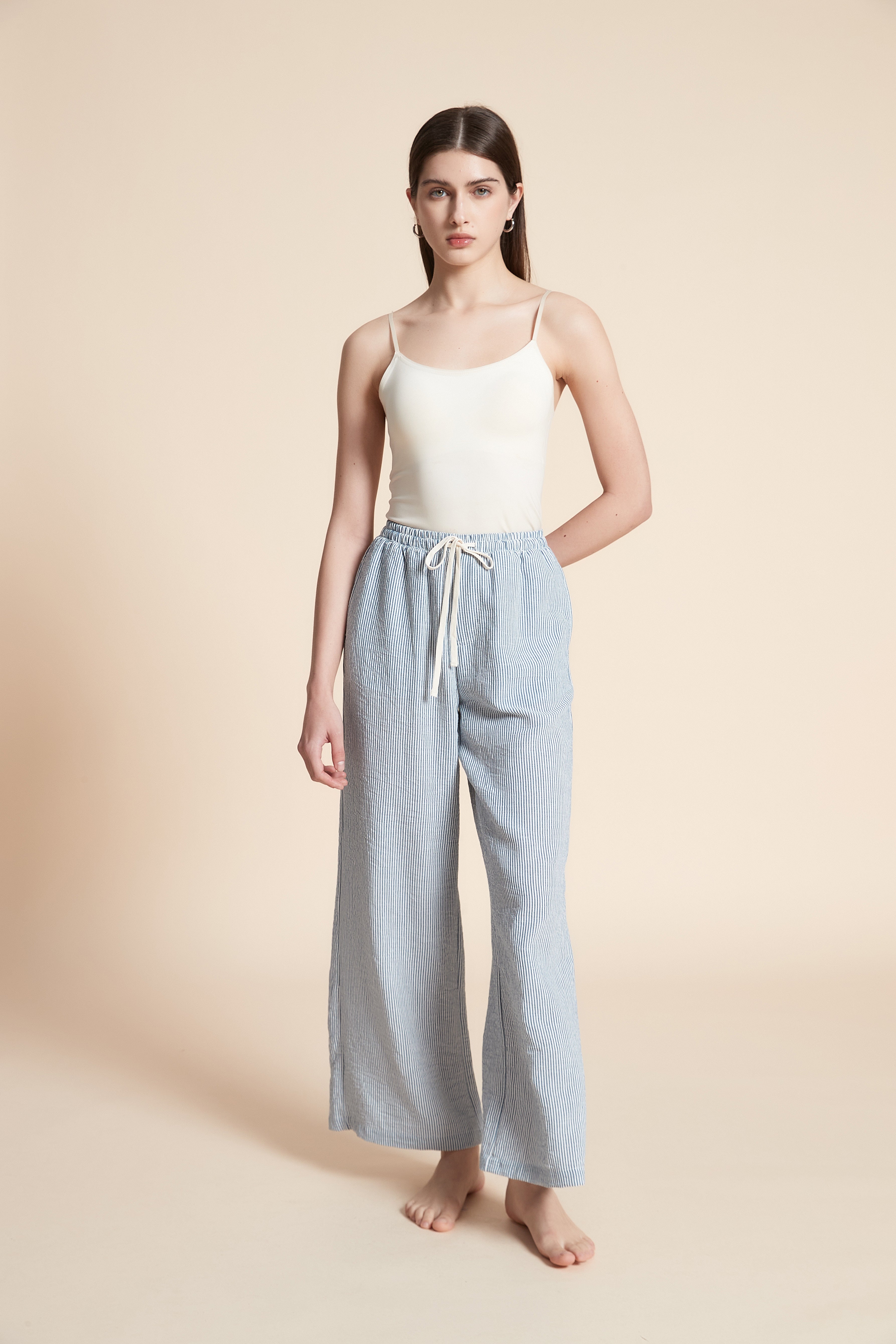Wide Striped Long Trousers with Belt