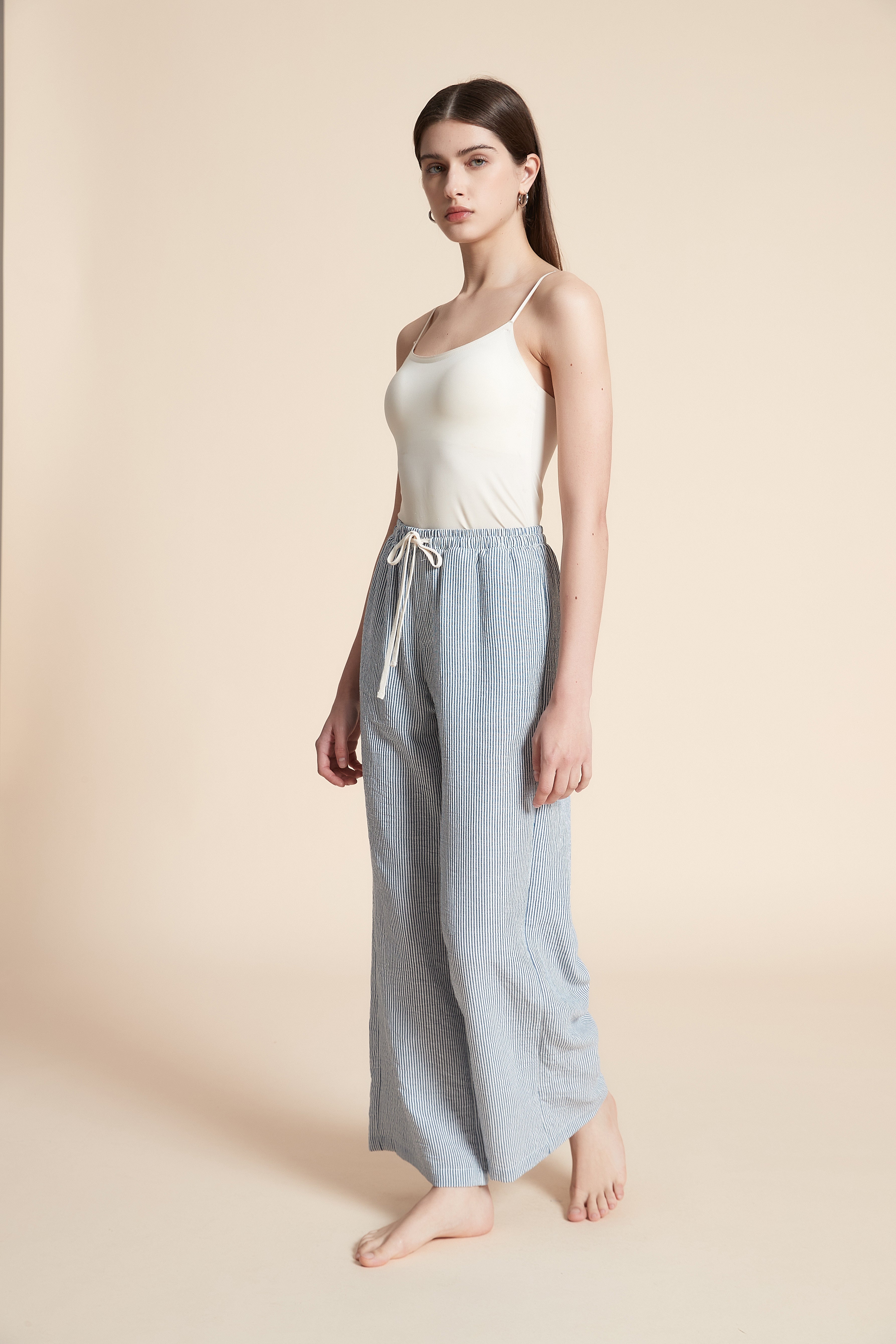 Wide Striped Long Trousers with Belt