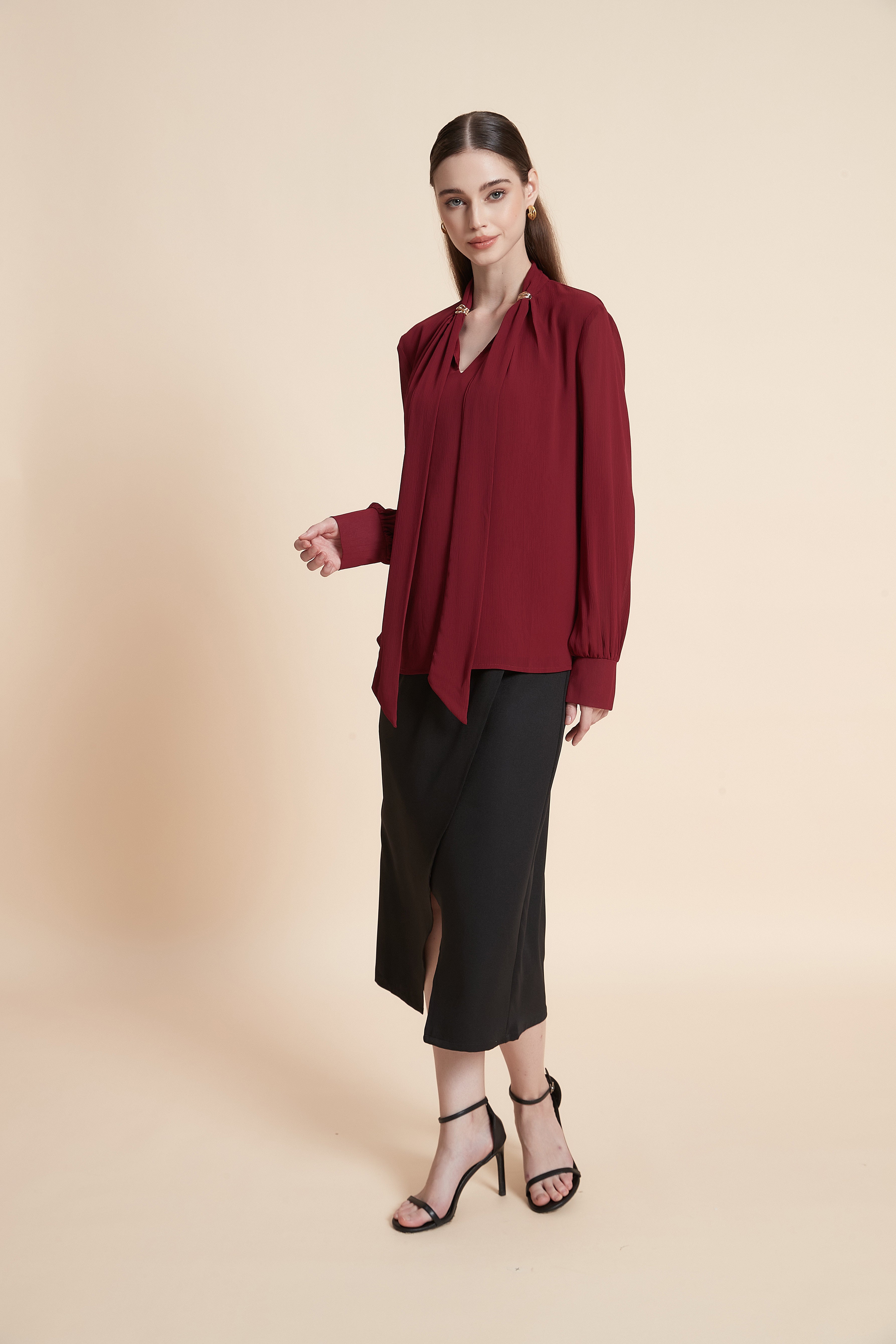 Long sleeve satin top with a neck tie