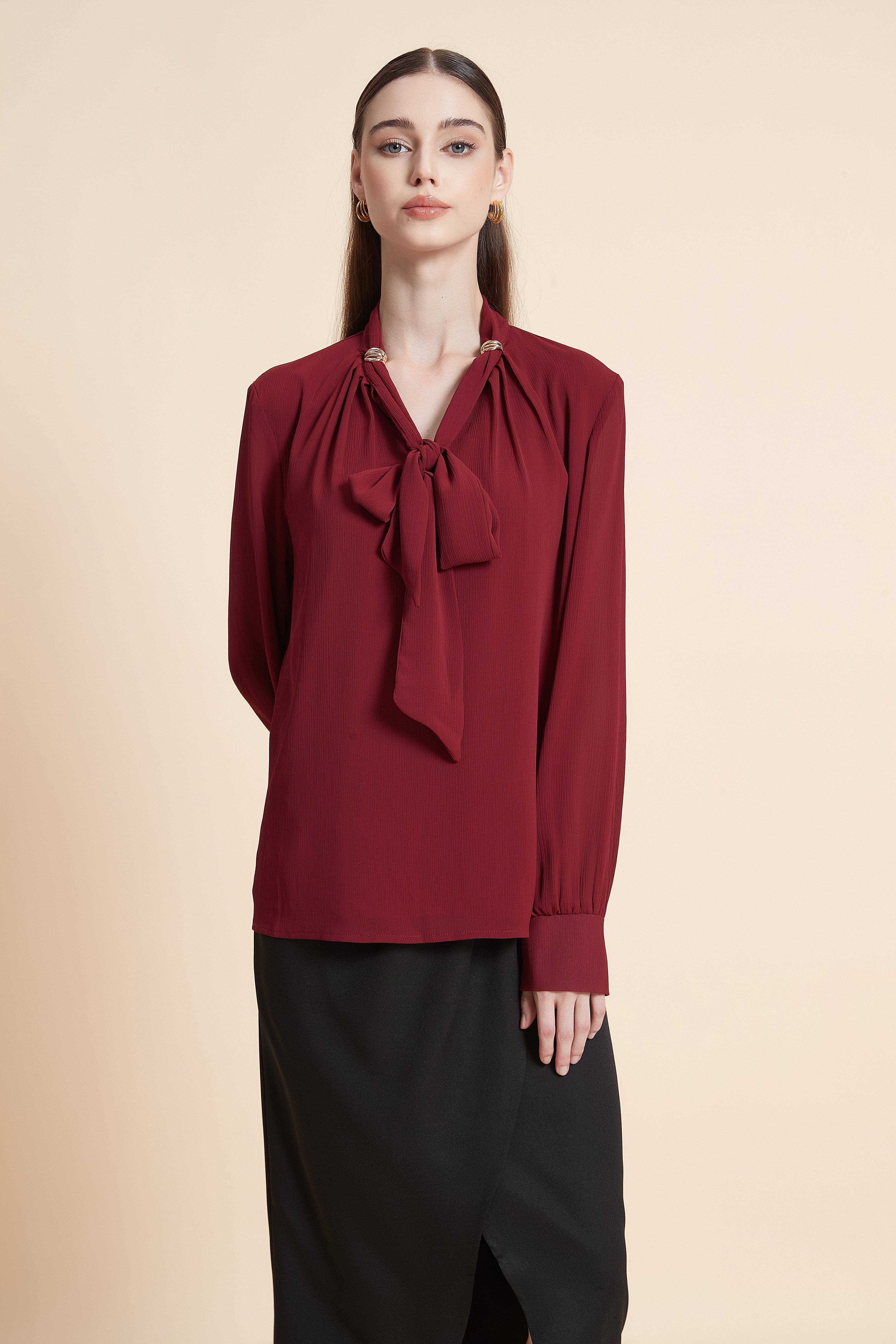 Long sleeve satin top with a neck tie