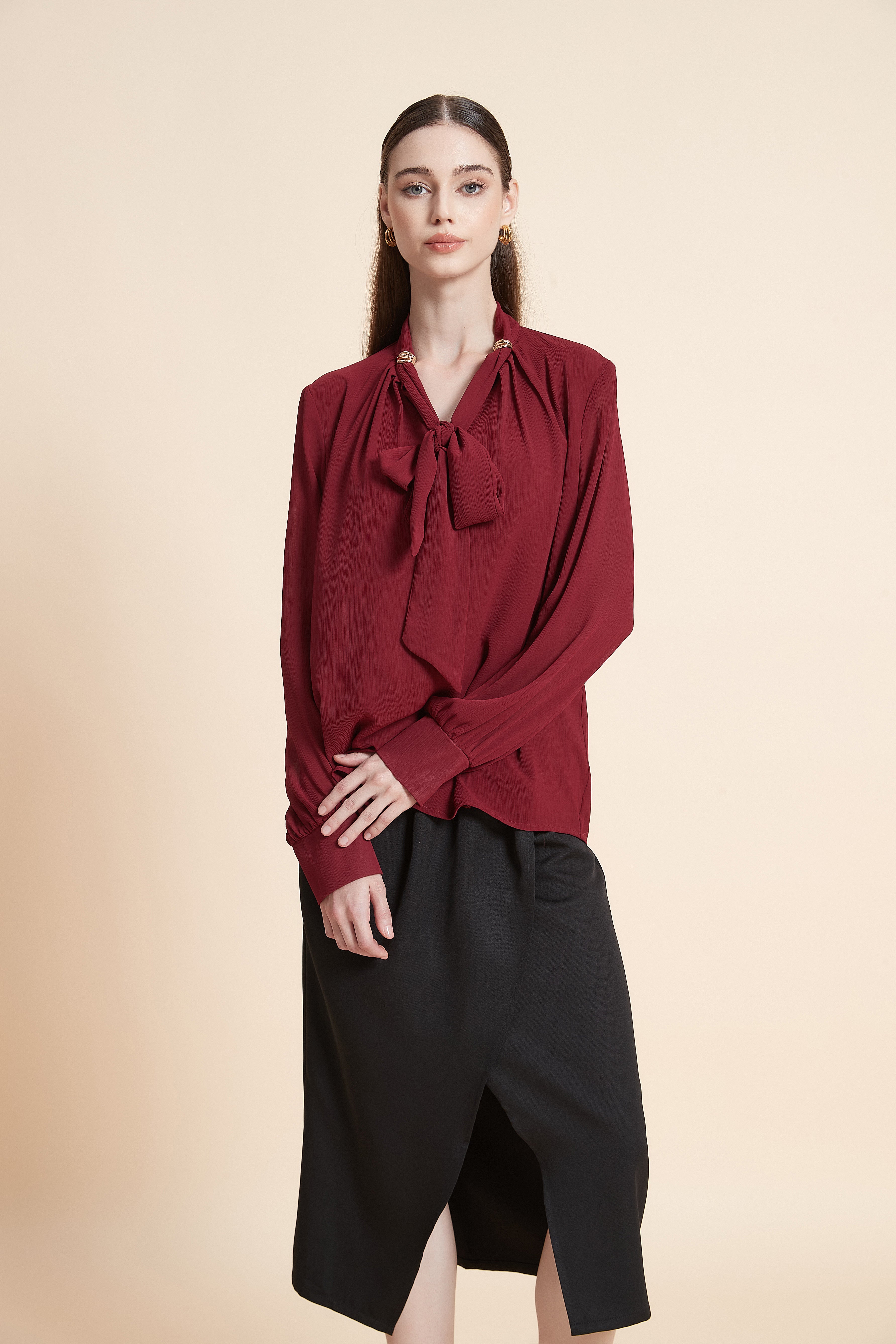 Long sleeve satin top with a neck tie