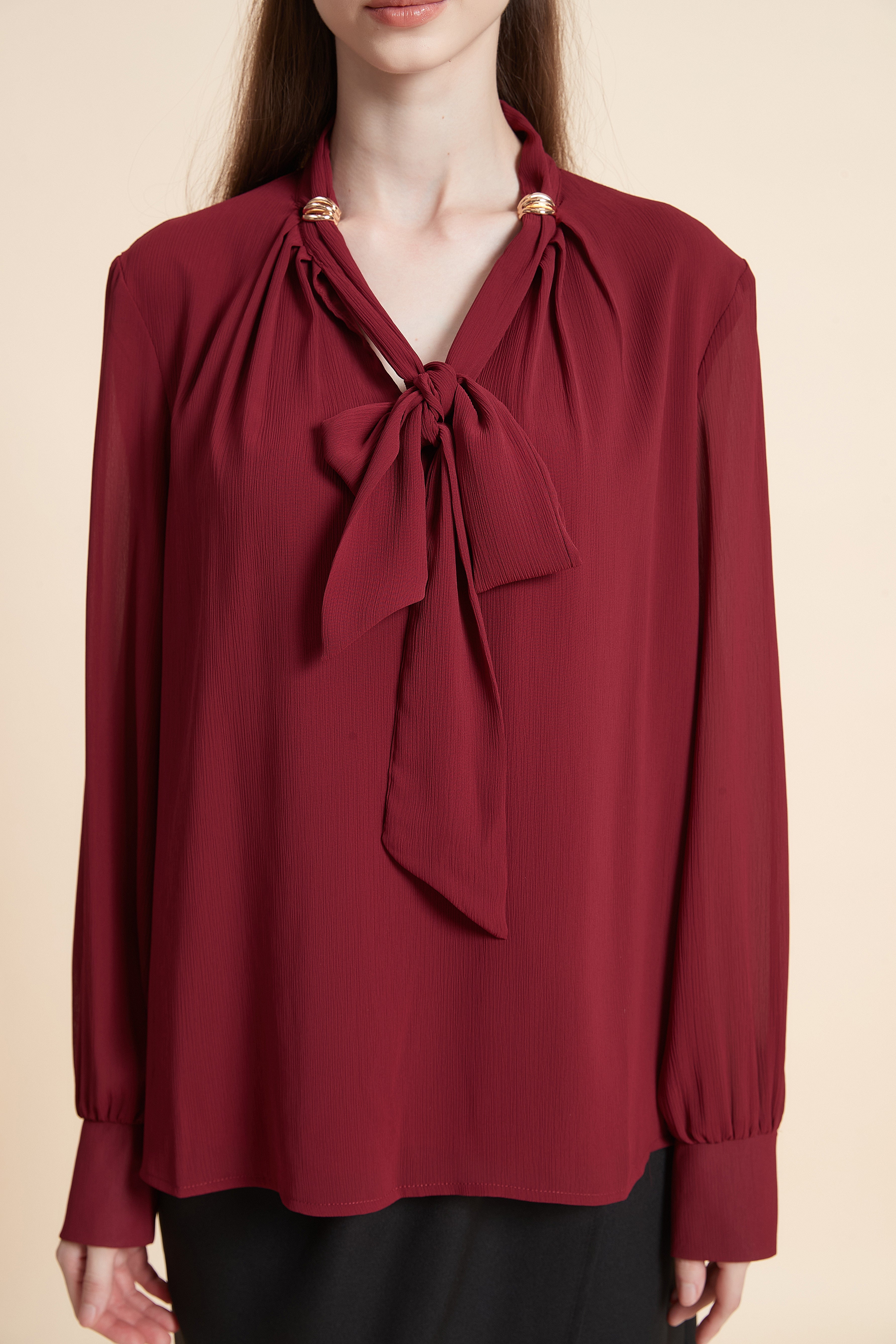 Long sleeve satin top with a neck tie
