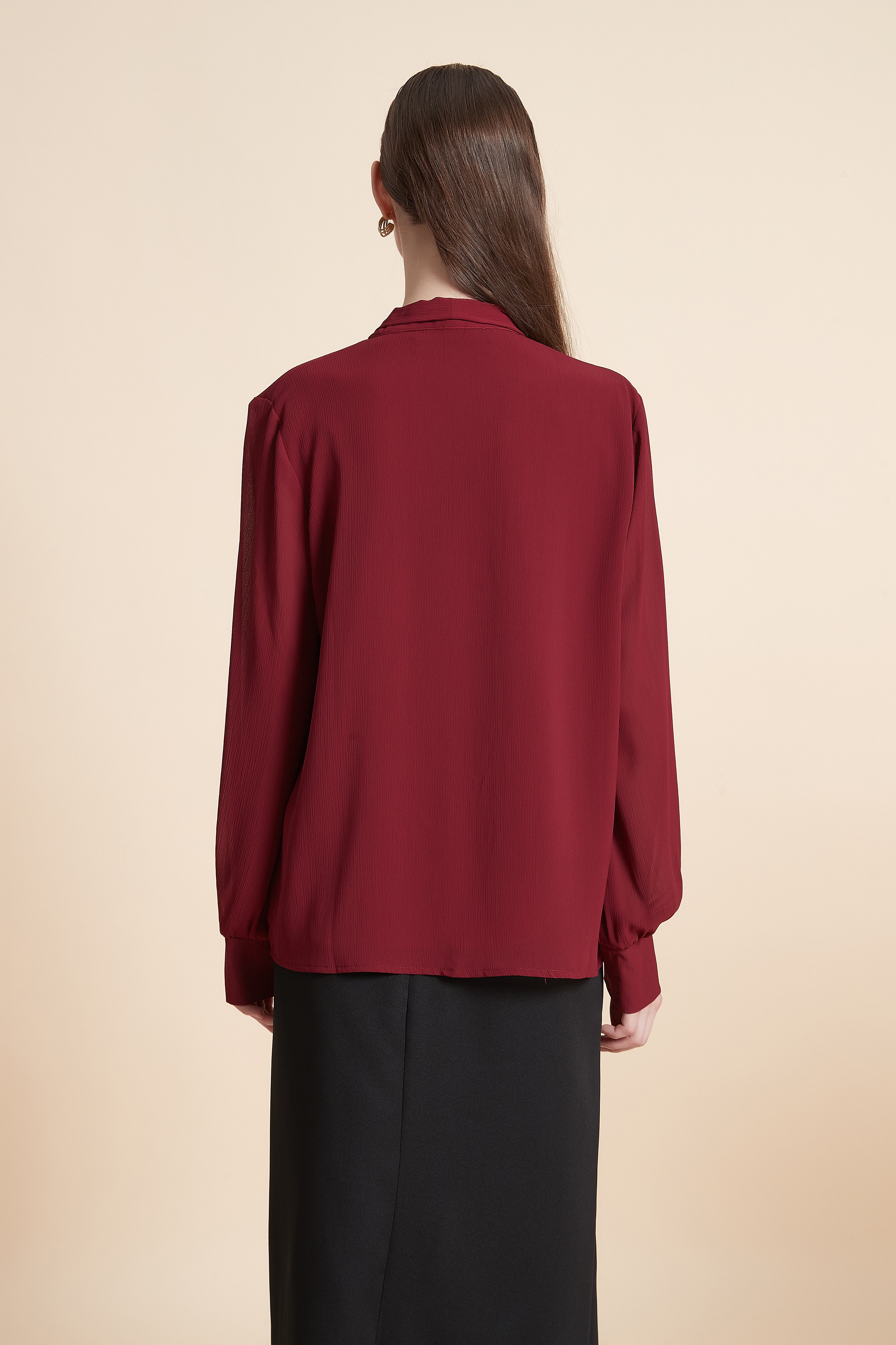 Long sleeve satin top with a neck tie