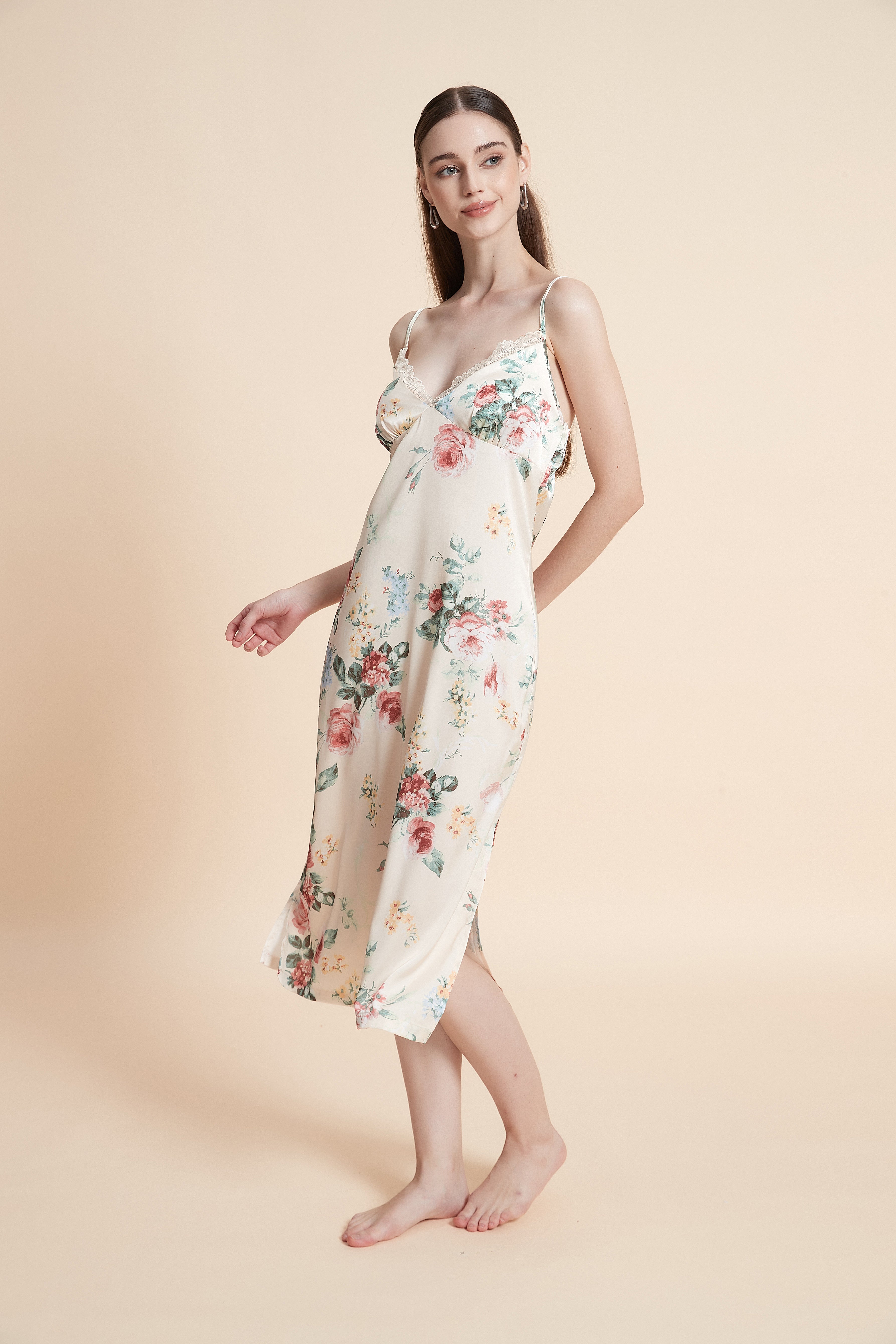 Floral satin nightgown with straps