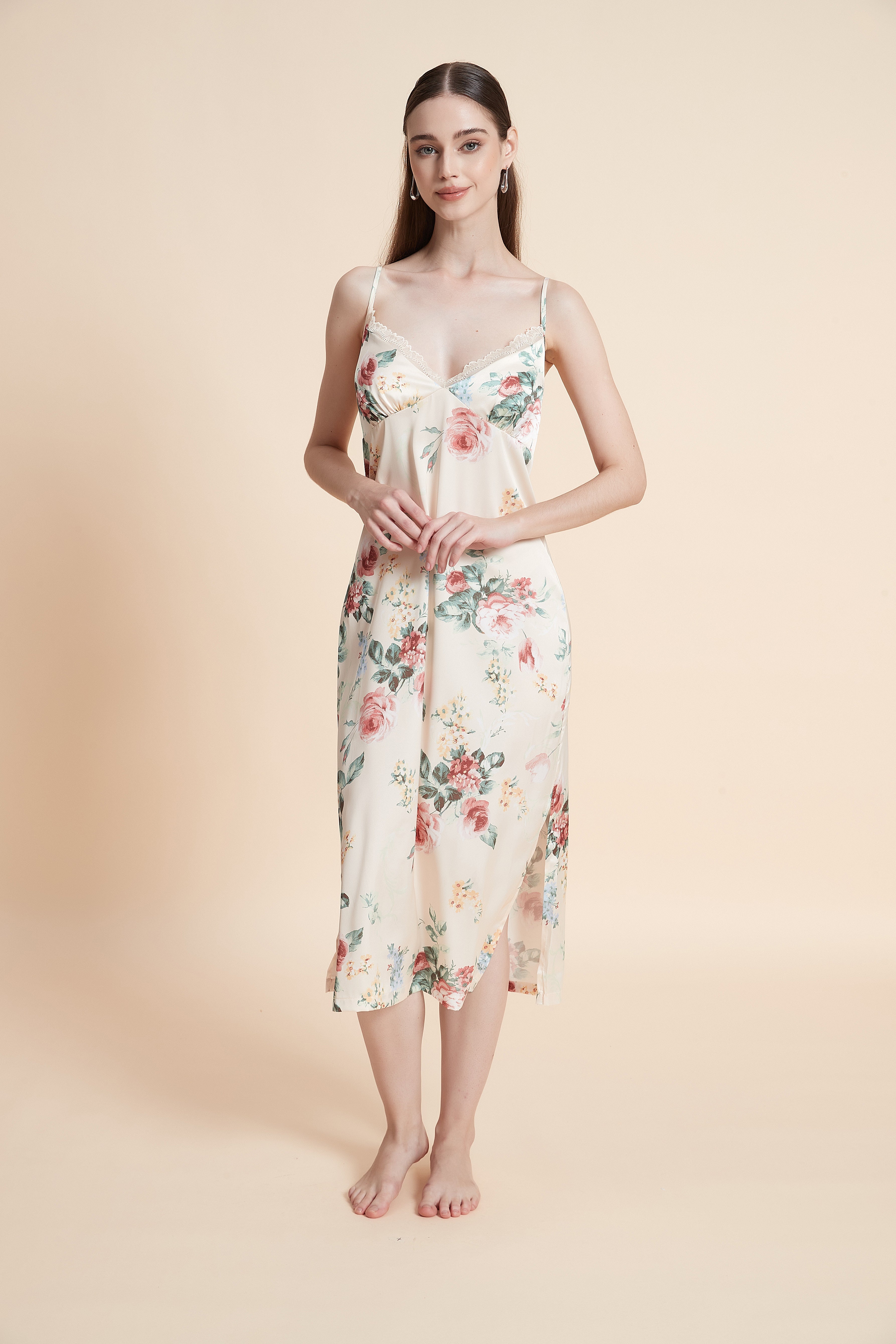 Floral satin nightgown with straps
