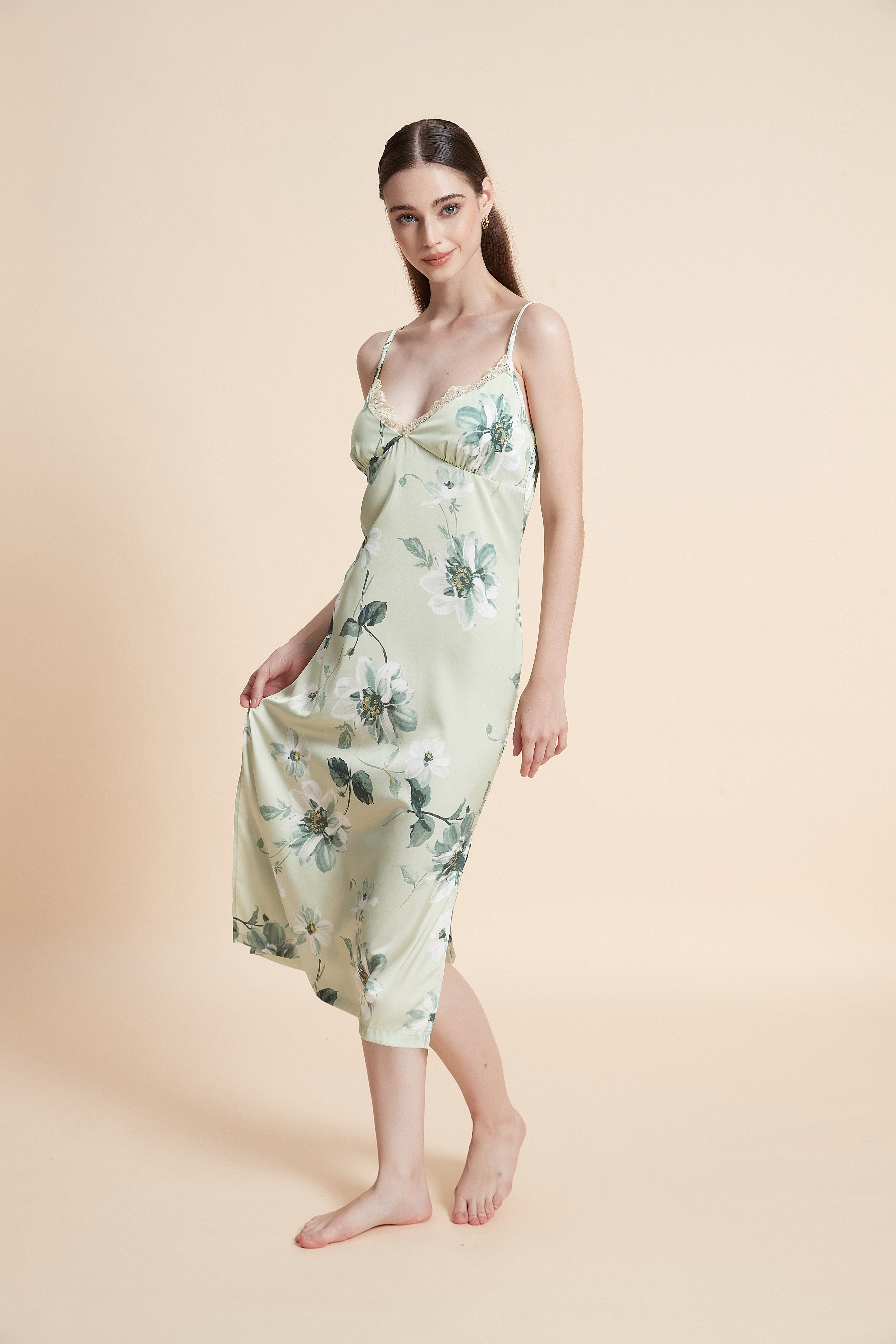 Floral satin nightgown with straps