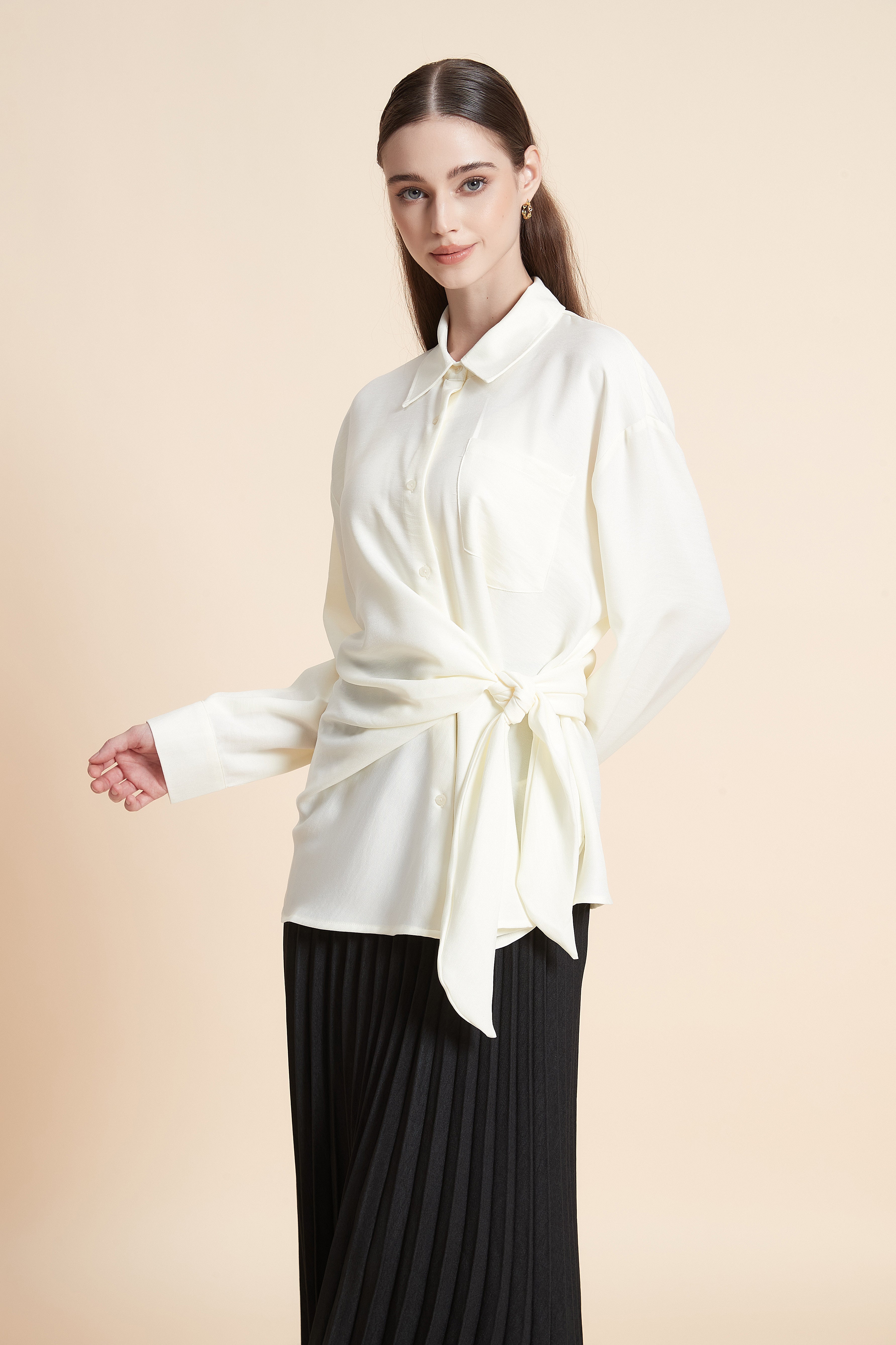 Button-up shirt with wrap waist