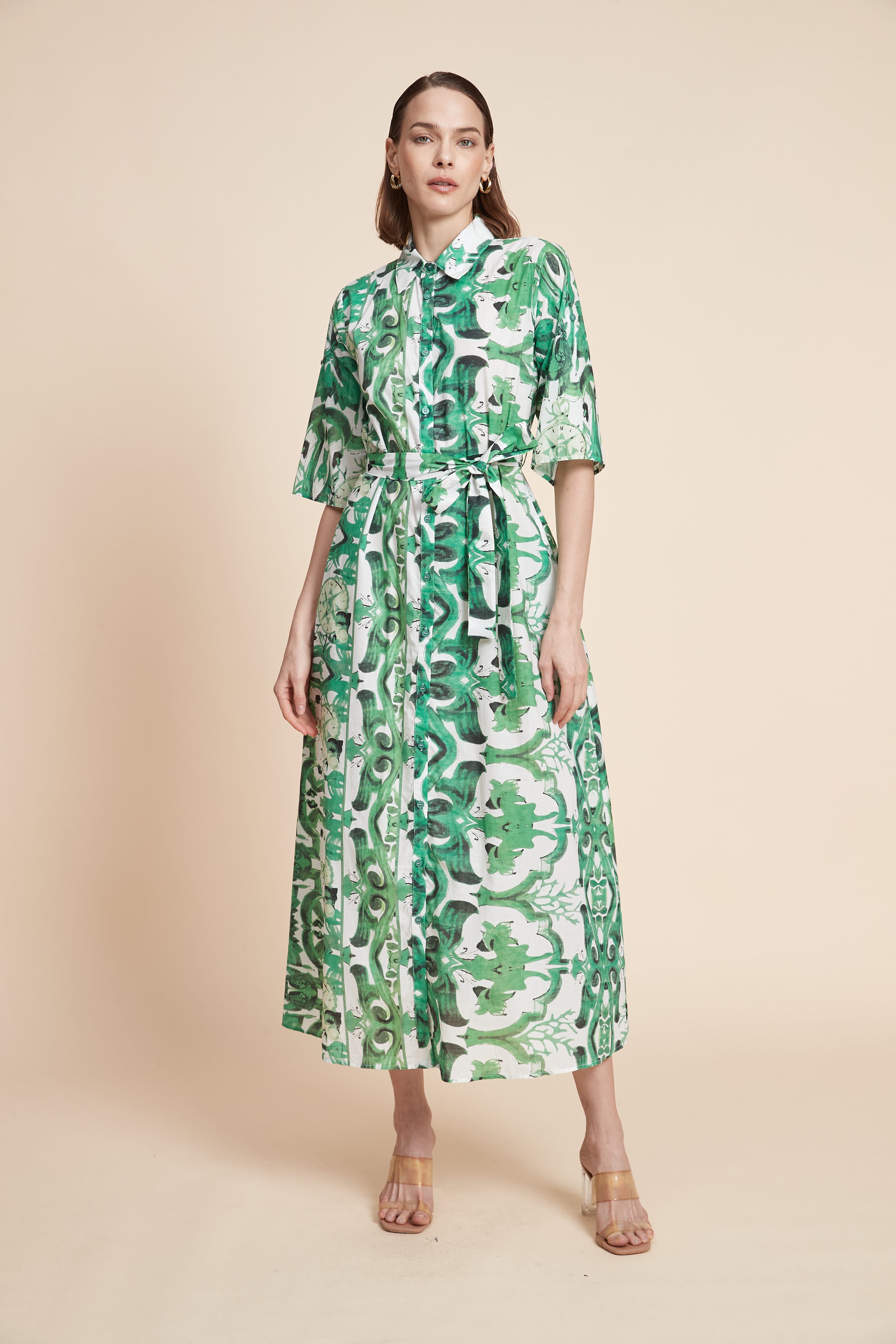 3/4-Sleeved Patterned Midi Dress