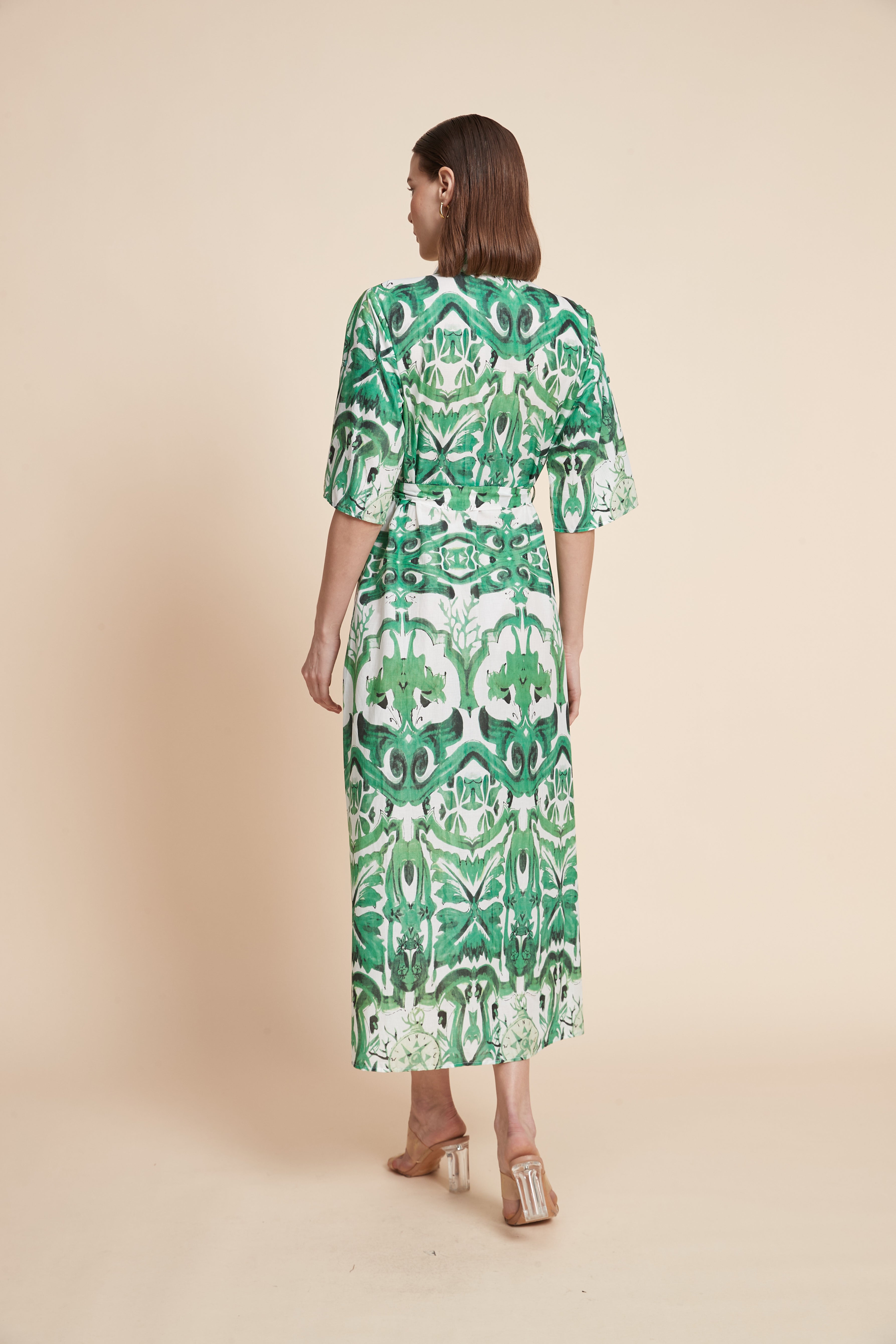 3/4-Sleeved Patterned Midi Dress