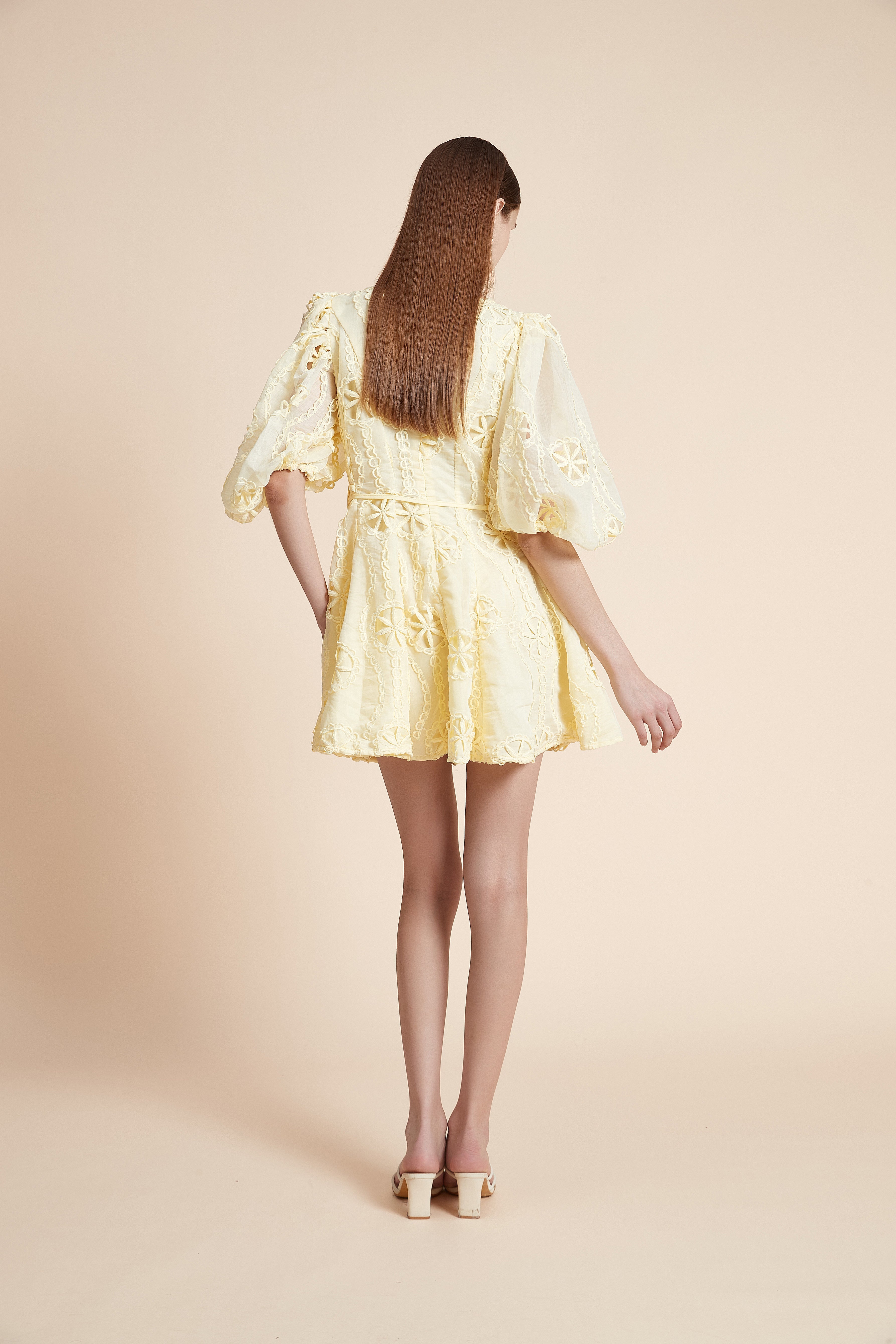 فستان قصير مطرز بأكمام ثلاثة أرباع