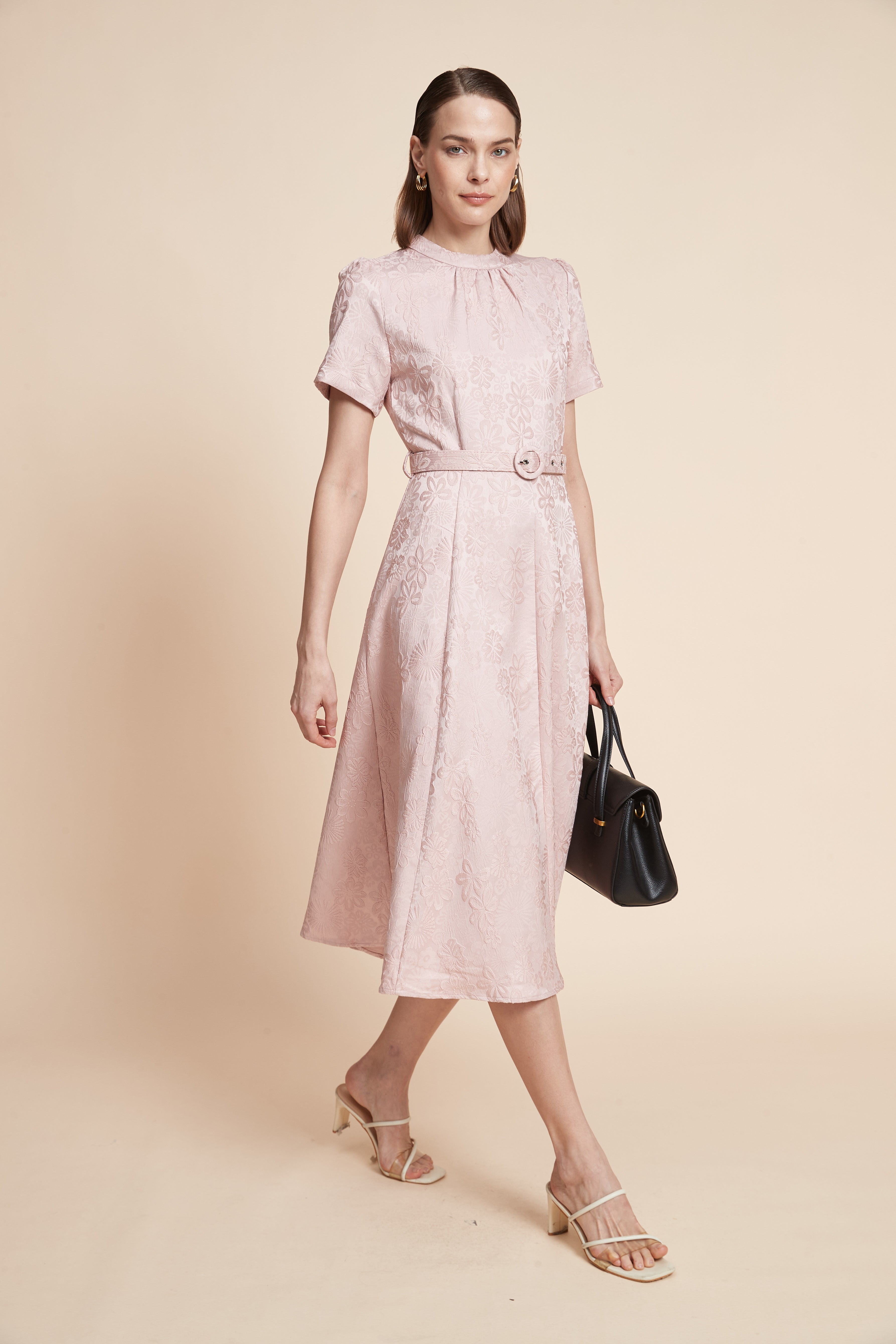 Print Midi Dress With Short Sleeves And A Belt