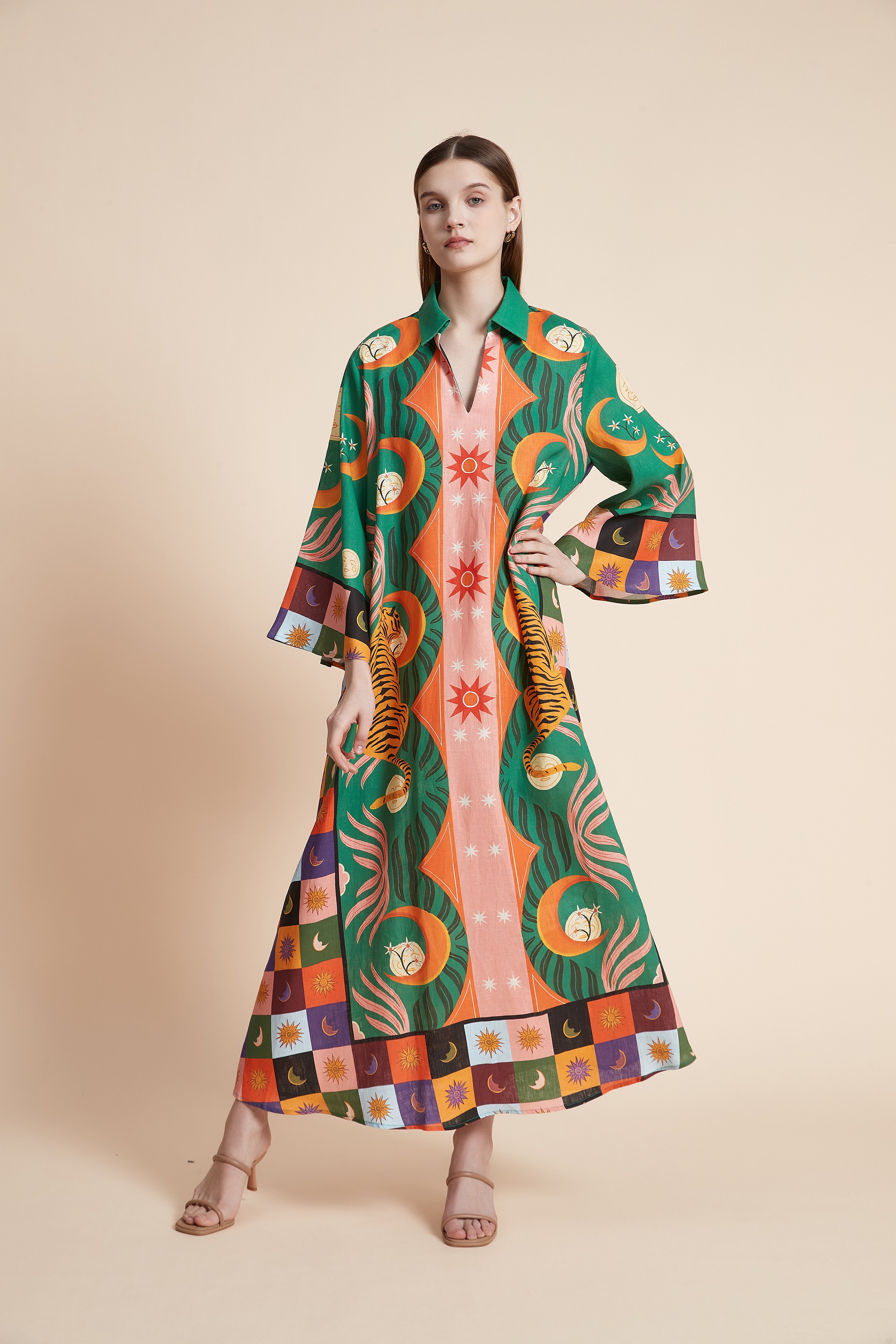 فستان ماكسي لينين بنقشة النمر السماوية