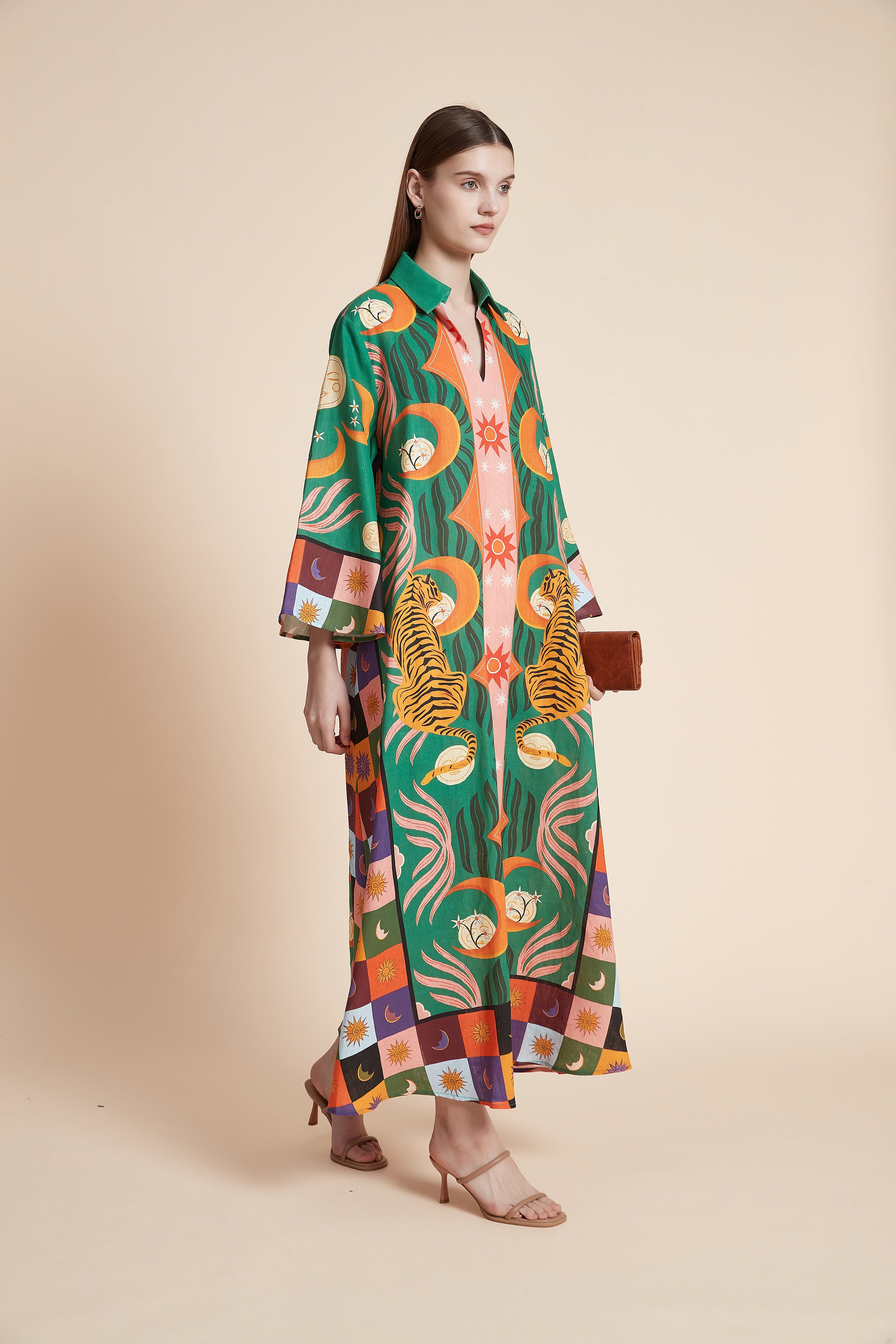 فستان ماكسي لينين بنقشة النمر السماوية