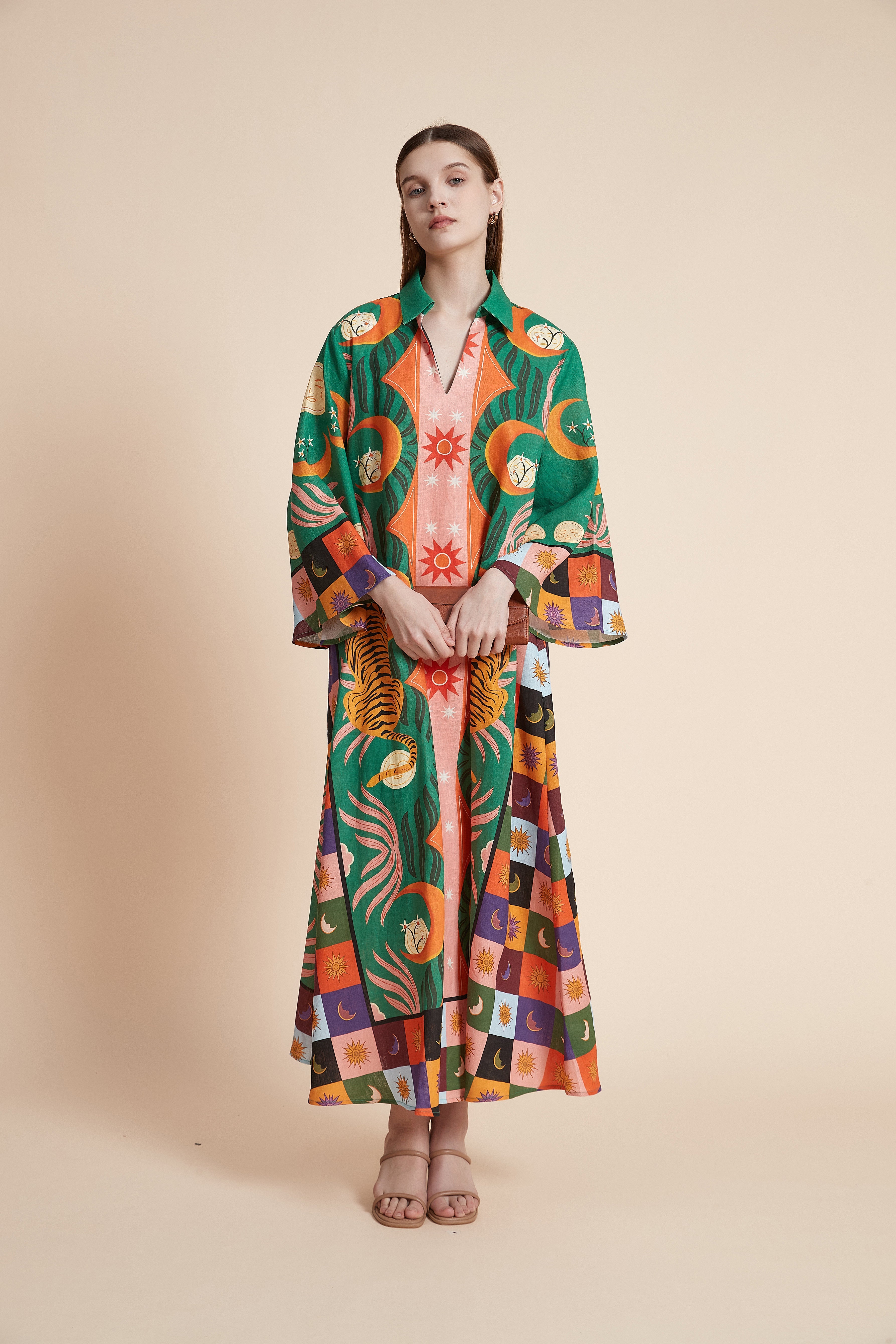 فستان ماكسي لينين بنقشة النمر السماوية